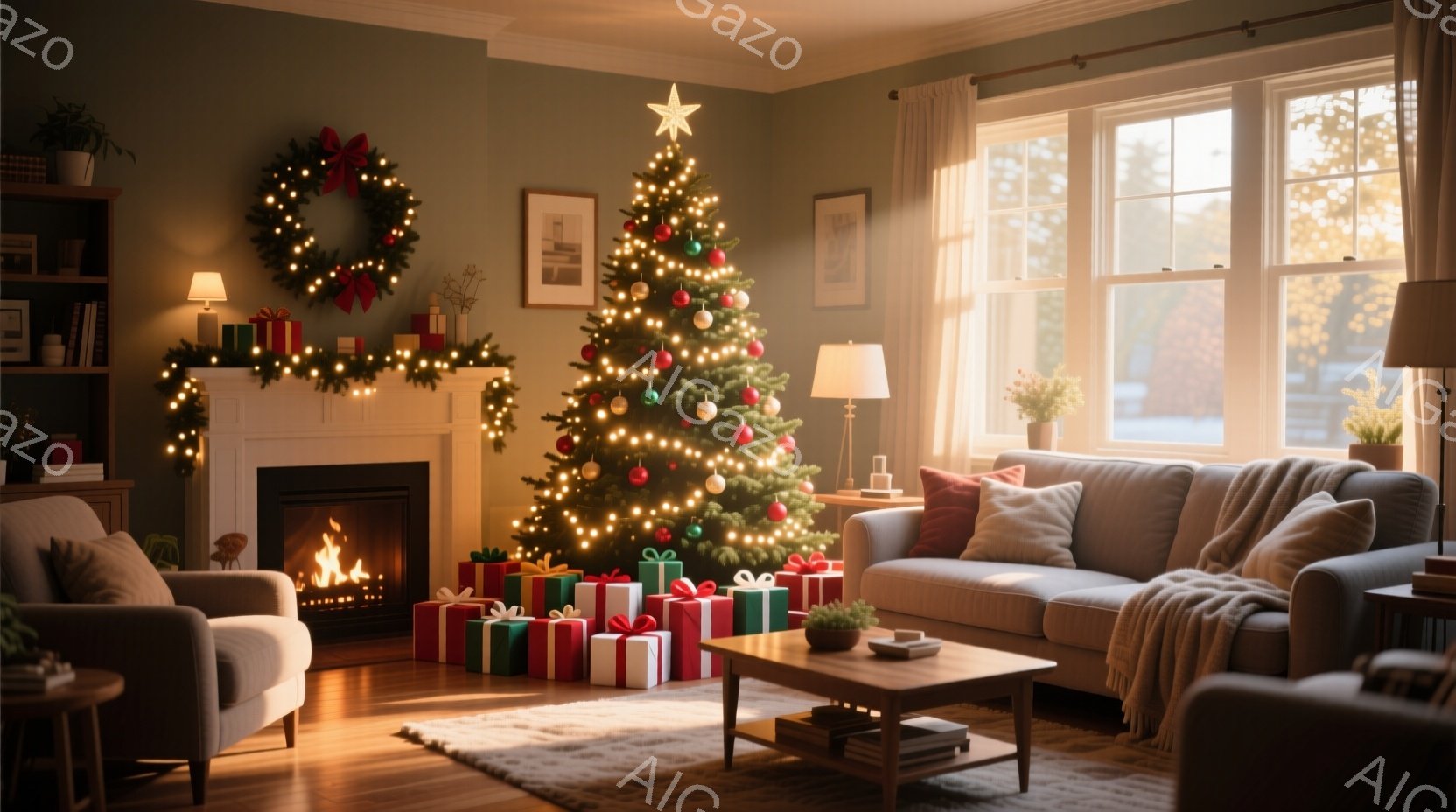 クリスマスツリーが飾られた居間は、暖炉の火と柔らかい光で温かい雰囲気に包まれています。プレゼントがツリーの周りに積み重ねられ、暖炉の上にはクリスマスリースとキャンドルが飾られています。窓からは自然光が - AI生成フリー素材