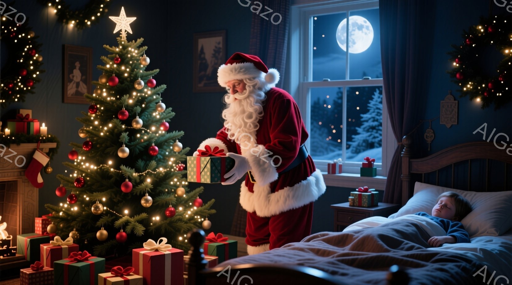暖炉とクリスマスツリーが飾られた部屋で、サンタクロースが寝ている子供の傍らにひざまずいている。サンタは赤い衣装と白いひげをたくわえ、片手に青い包装紙で包まれたプレゼントを持っている。窓の外は雪景色が広 - AI生成フリー素材
