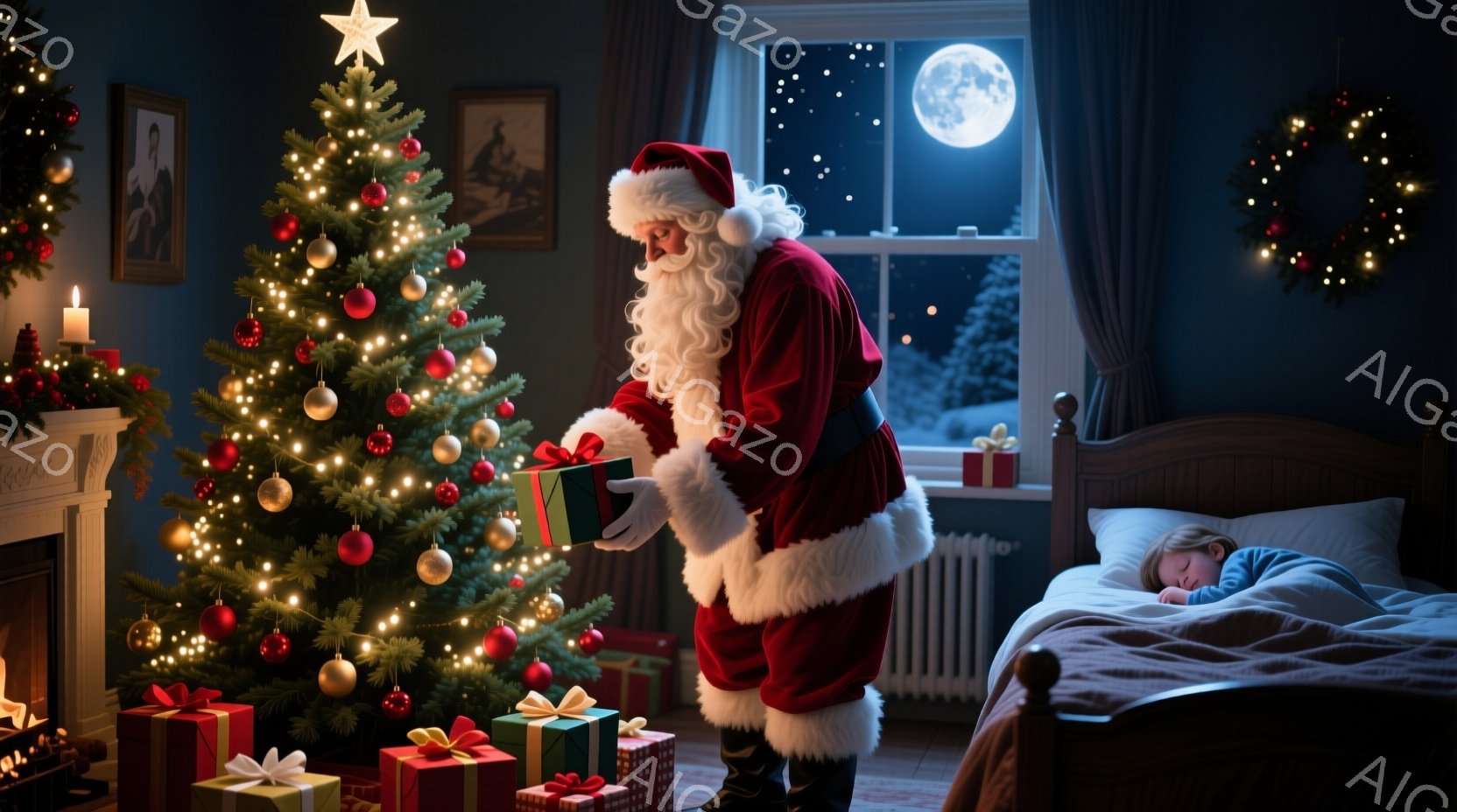 暖炉のそばに飾られたクリスマスツリーの前で、サンタクロースがプレゼントを置こうとしています。彼は赤い衣装に白い毛皮の縁取りがあり、白いひげとふくよかな顔立ちをしています。背景には雪景色が見える窓と、眠っている子供のベッドがあり、温かく、静かで、魔法のような雰囲気を醸し出しています。