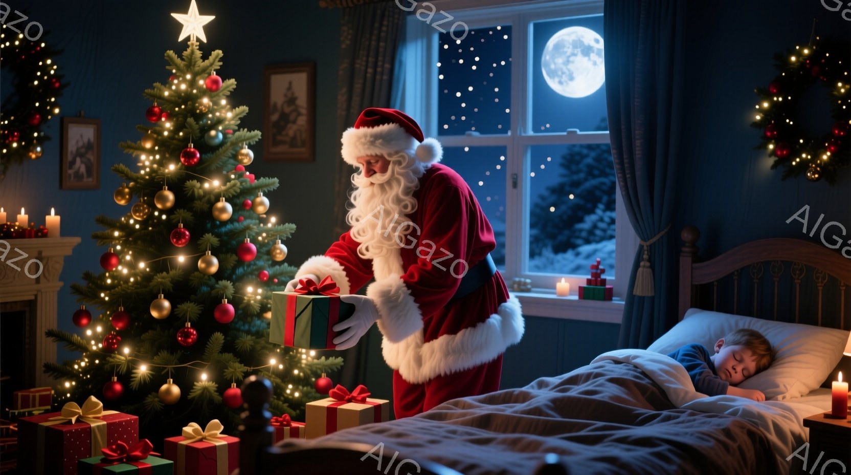 クリスマスツリーが飾られた部屋で、サンタクロースがプレゼントを置こうとしている様子が描かれています。サンタクロースは赤い衣装を身につけ、白いひげを蓄え、優しげな表情で、眠っている子供のベッドのそばに立 - AI生成フリー素材