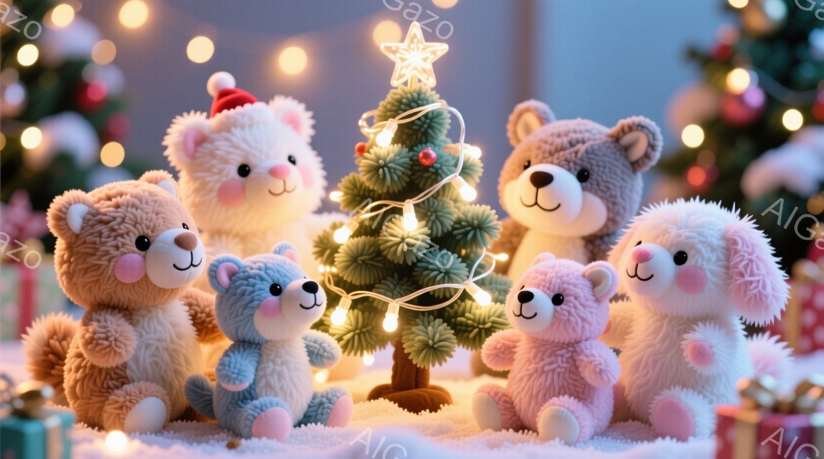 ぬいぐるみのようなクマの家族が、小さなクリスマスツリーの周りに集まっています。赤い帽子をかぶったクマや、それぞれ異なる色のクマたちが、楽しそうな表情で寄り添っています。背景には、ぼんやりとした光と雪景色が広がり、温かく幸せなクリスマスの雰囲気が漂っています。