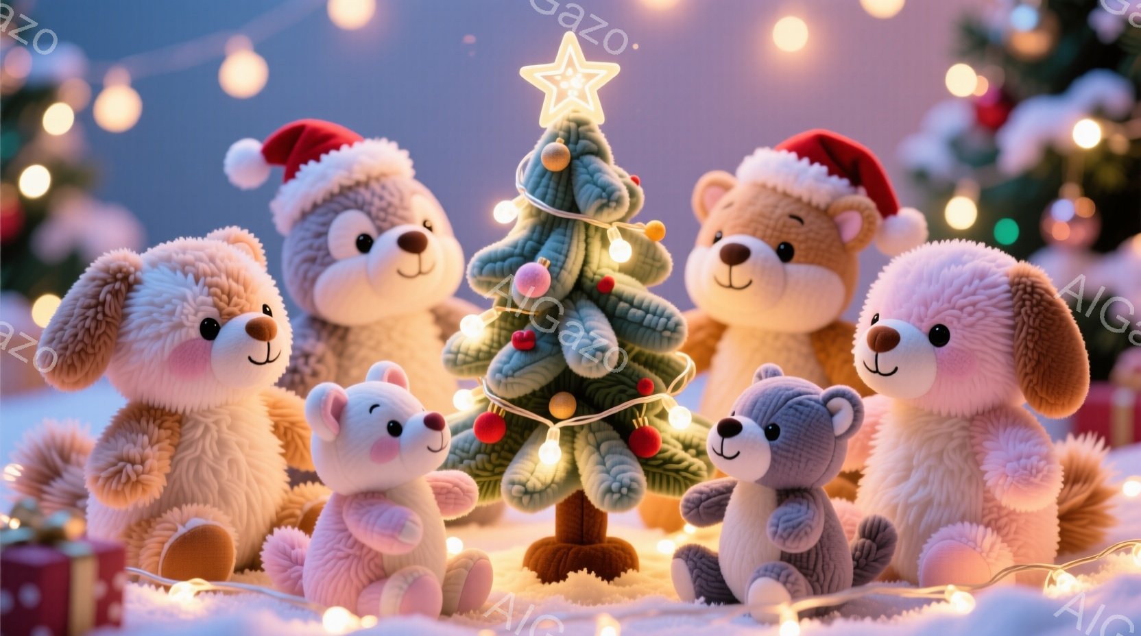 ぬいぐるみたちがクリスマスツリーを囲んで座っています。茶色、白、ベージュのクマや犬のぬいぐるみに、赤いサンタ帽をかぶったものもいます。背景にはぼやけたクリスマスツリーと、キラキラと輝く光のストリングラ - AI生成フリー素材