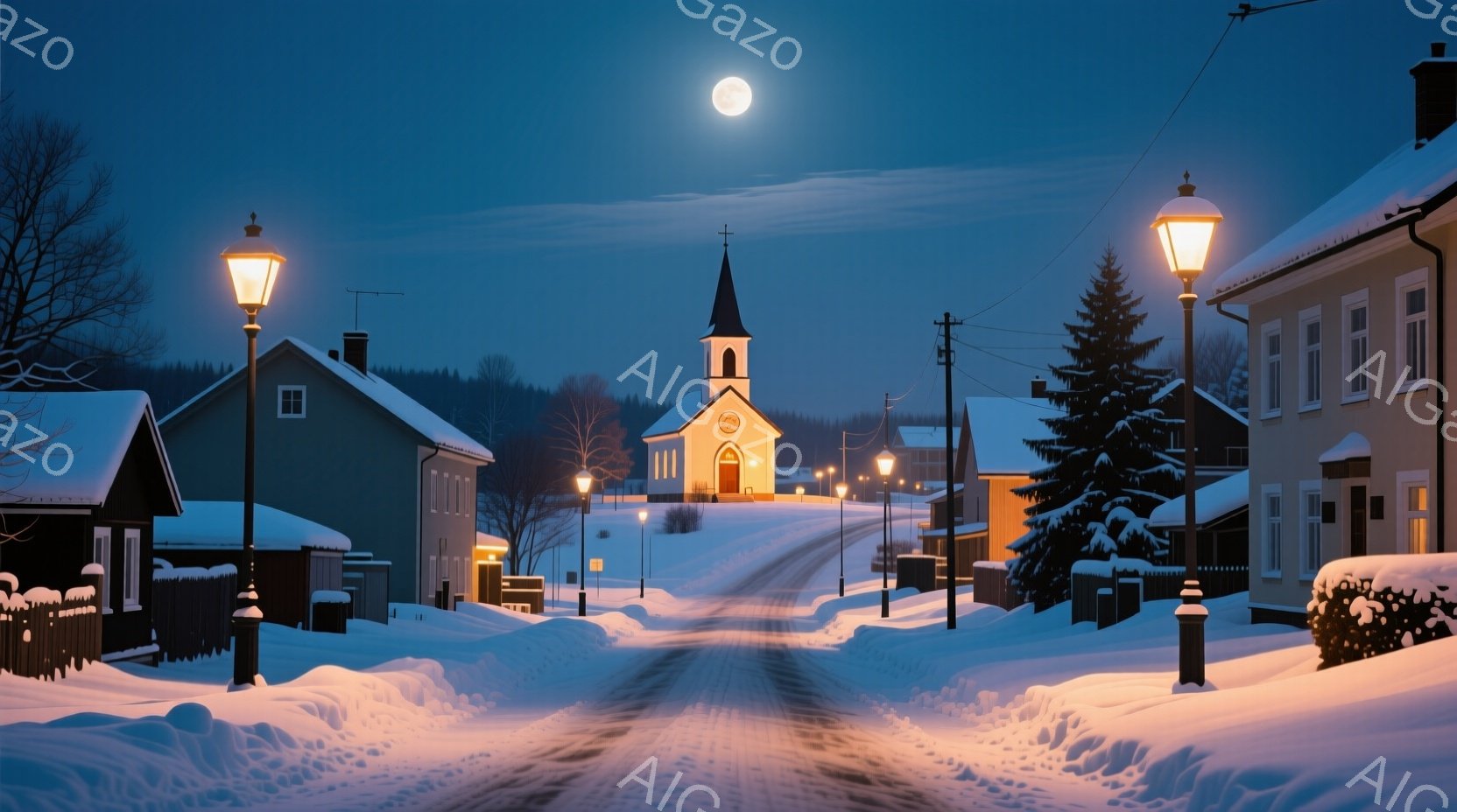雪に覆われた静かな村の風景が描かれている。中央には尖塔を持つ教会がそびえ立ち、両脇には雪に覆われた家々が並んでいる。夜空には満月が輝き、街灯が温かい光を放ち、静寂で幻想的な冬の雰囲気を醸し出している。 - AI生成フリー素材