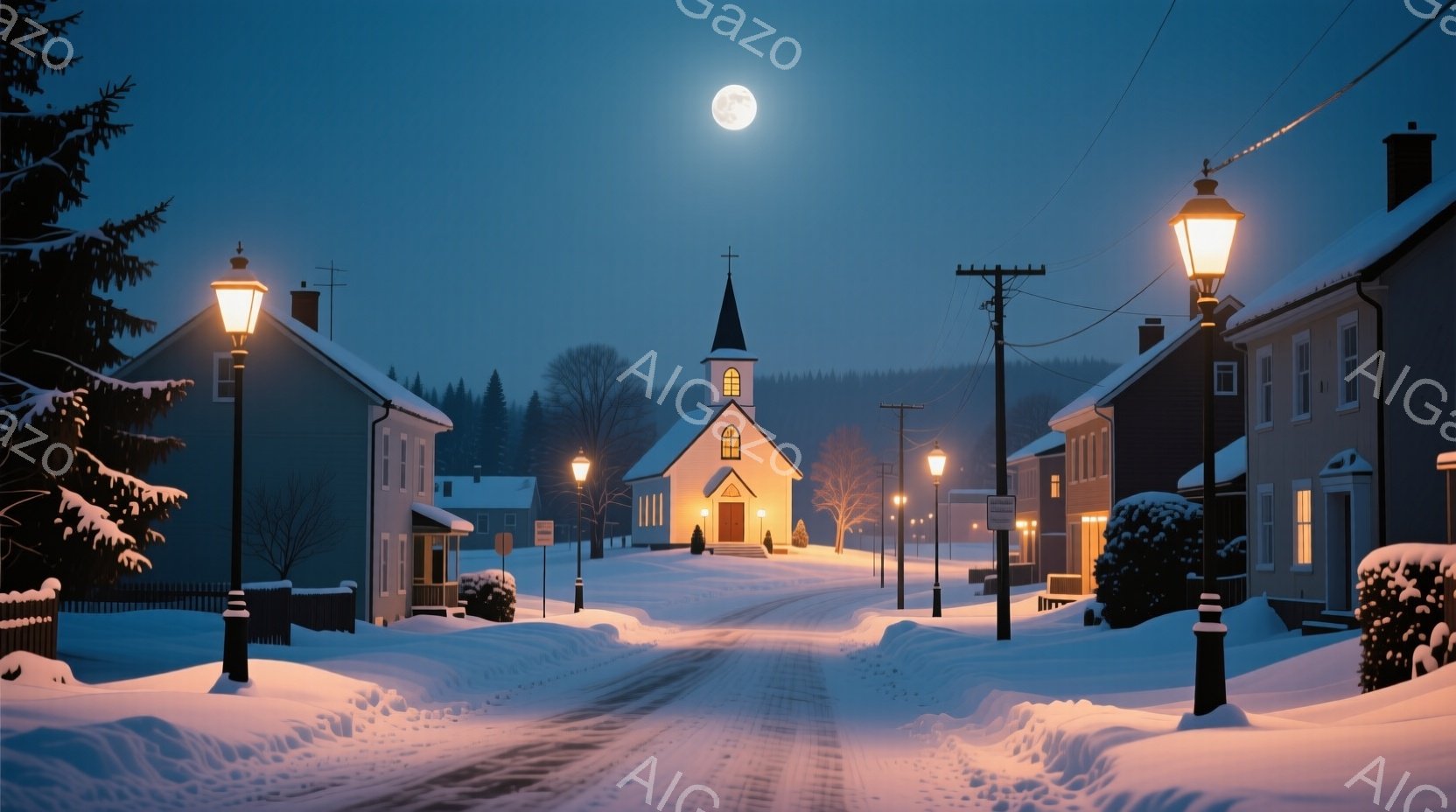 雪に覆われた静かな街並みが、満月の光に照らされている。道路の両脇にはガス灯が立ち並び、暖かく柔らかな光を放ち、白い雪と建物の輪郭を際立たせている。手前の建物と奥にそびえる教会が、この冬の夜の穏やかで神秘的な雰囲気を醸し出している。