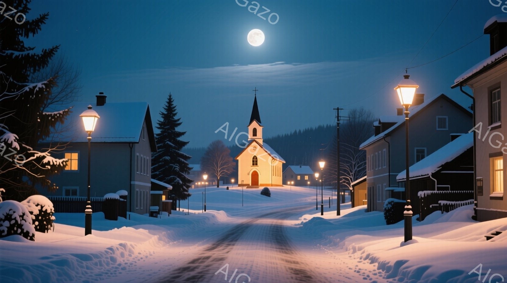 雪に覆われた静かな村の夜景が描かれている。中央にはライトアップされた教会が聳え立ち、両脇には雪帽子をかぶった家々が整然と並んでいる。満月が夜空を照らし、雪景色を幻想的に彩り、全体的に穏やかで温かい雰囲 - AI生成フリー素材