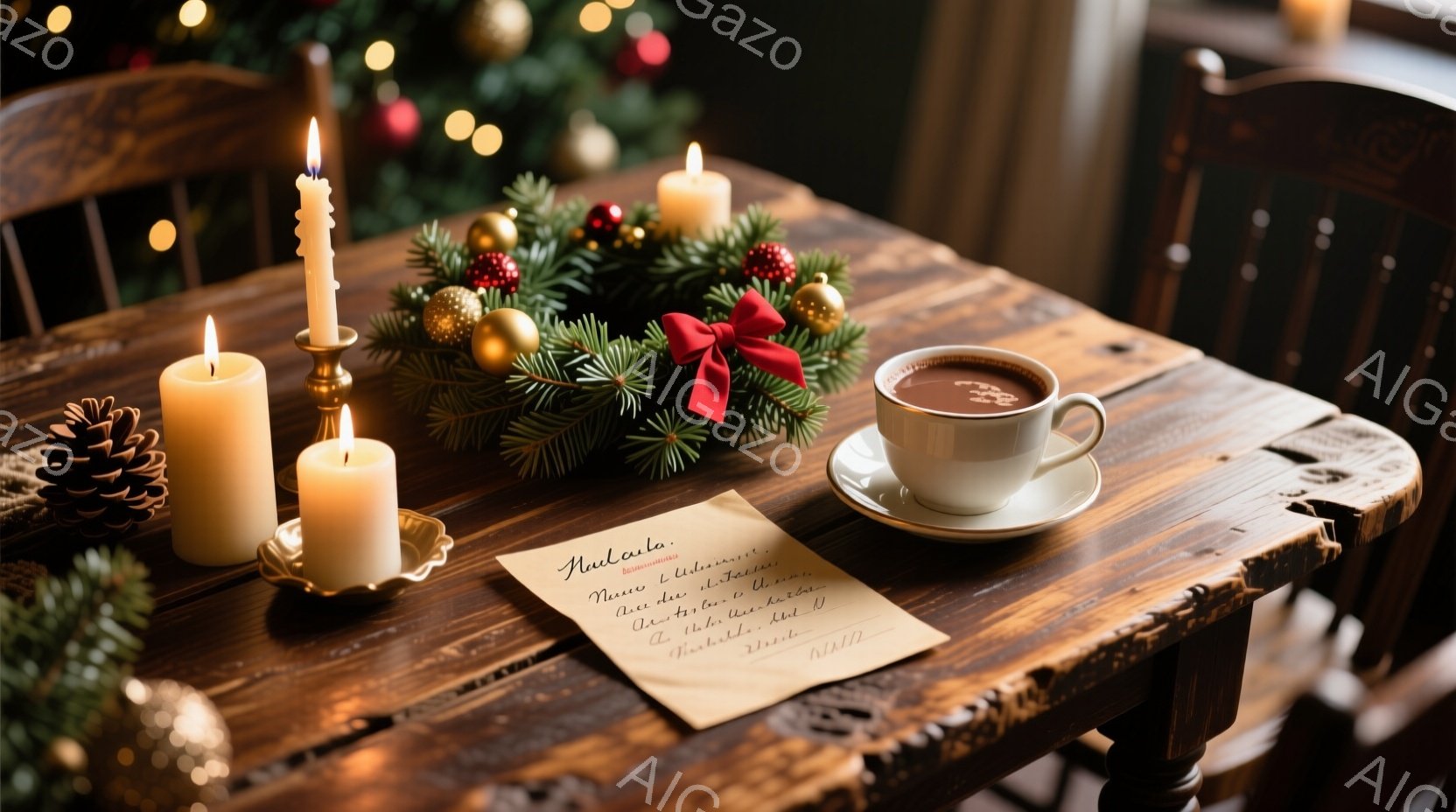温かい光が差し込む木製のテーブルの上に、クリスマスらしい装飾が並べられています。キャンドル、松ぼっくり、オーナメント、手紙、そして湯気を立てるカップが、温かく静謐な雰囲気を醸し出しています。背景には緑豊かなクリスマスツリーがぼんやりと見え、冬の暖炉の光景を思わせます。