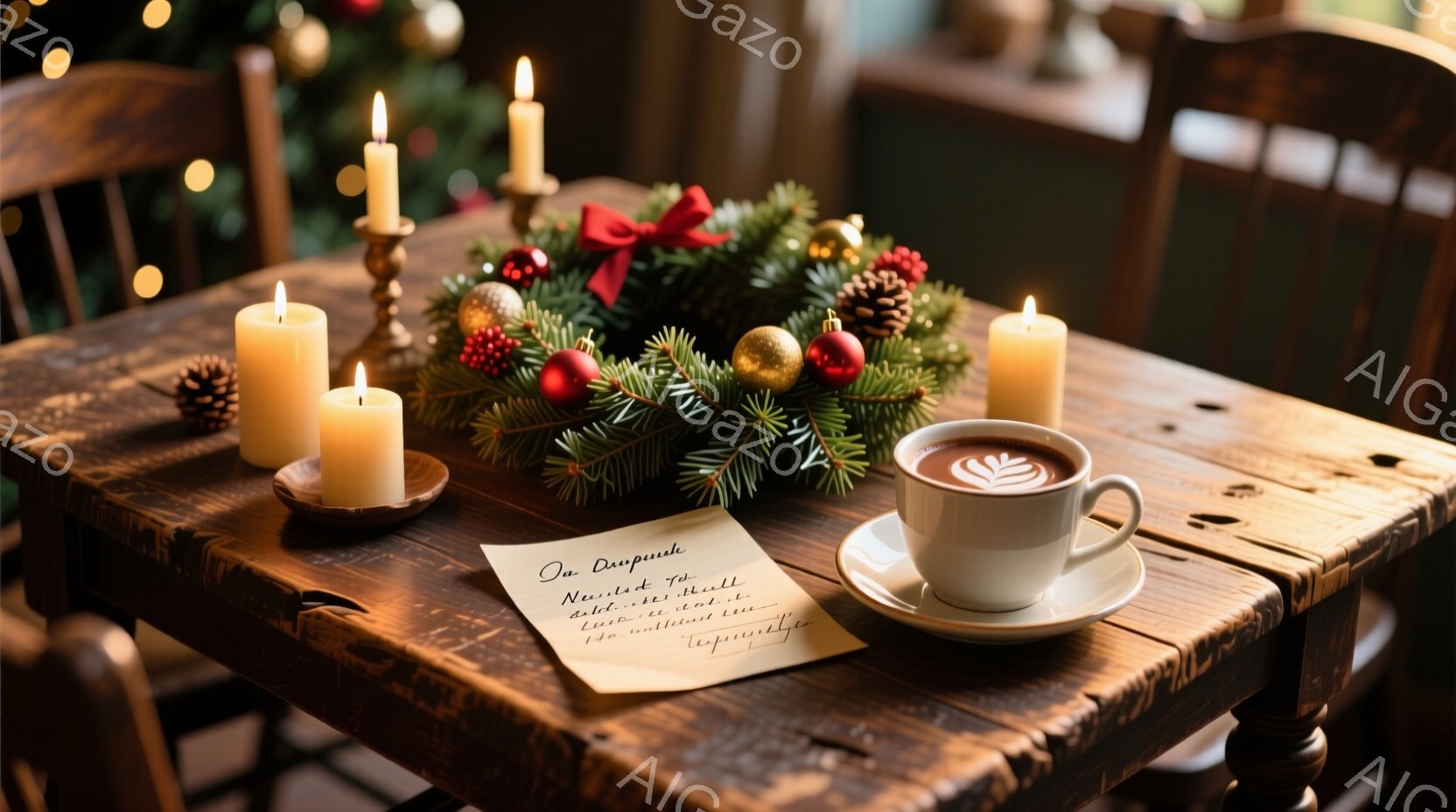 古びた木製のテーブルの上に、クリスマスリース、キャンドル、そしてコーヒーカップが置かれています。リースは松ぼっくりや赤い実で飾られ、キャンドルは温かい光を放っています。全体的に落ち着いた温かい雰囲気で、手書きのメッセージカードも添えられています。
