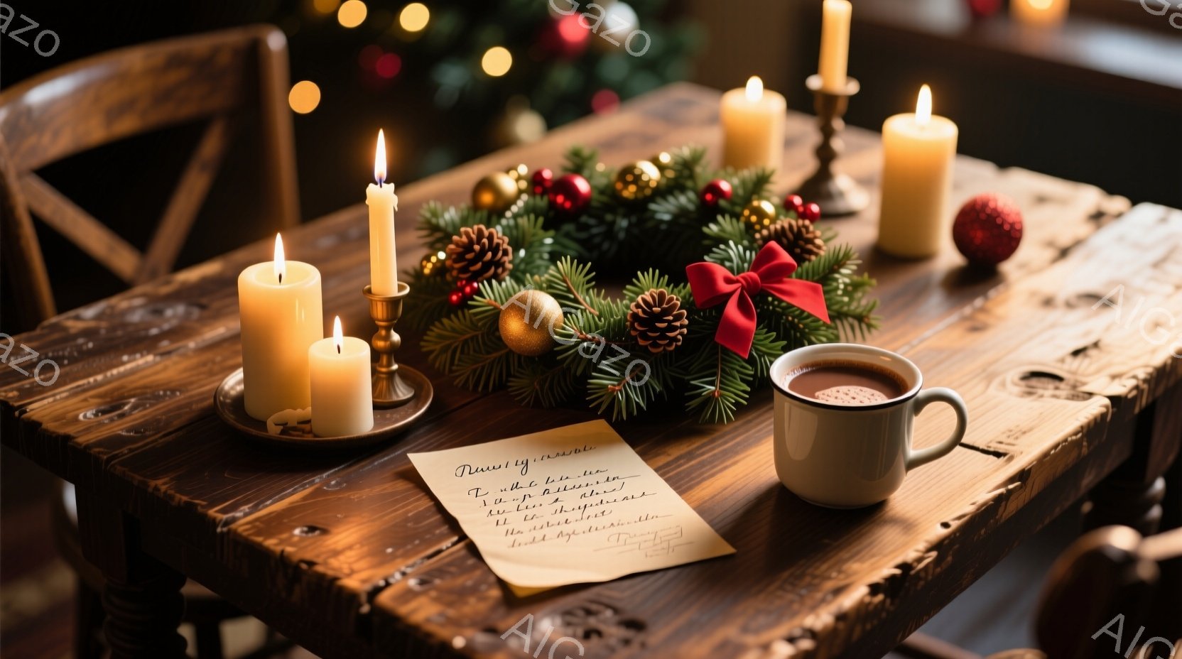 古びた木のテーブルの上に、クリスマスの飾り付けとキャンドル、そして温かい飲み物が置かれています。テーブルの中央には、松ぼっくりや赤い実で飾られたクリスマスリースがあり、その周りには複数のキャンドルが灯されています。全体的に暖かく、静かで、穏やかなクリスマスの雰囲気が漂っています。