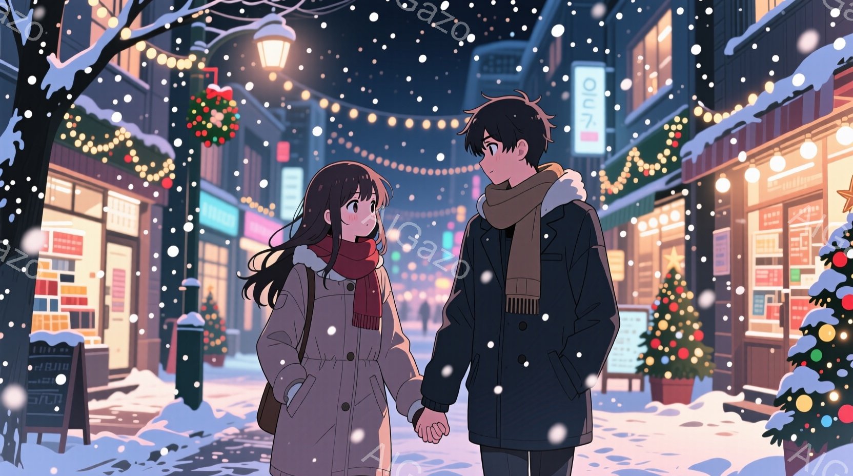 雪が降る夜の街並みを、若い男女が手をつないで歩いている。女性は肩までの長さの茶髪で、赤いマフラーとベージュのコートを着て、少し微笑んでいる。男性は黒いコートとマフラーで、女性を見つめており、背景にはク - AI生成フリー素材