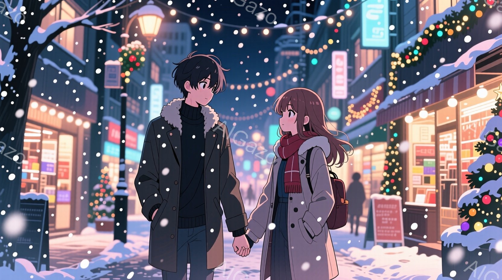 雪が降る夜の街並みを、若い男女が手をつないで歩いている。男性は黒いコートとセーターを着ており、女性はベージュのコートに赤いマフラーを巻いている。背景にはクリスマスイルミネーションが輝き、商店街の賑わい - AI生成フリー素材
