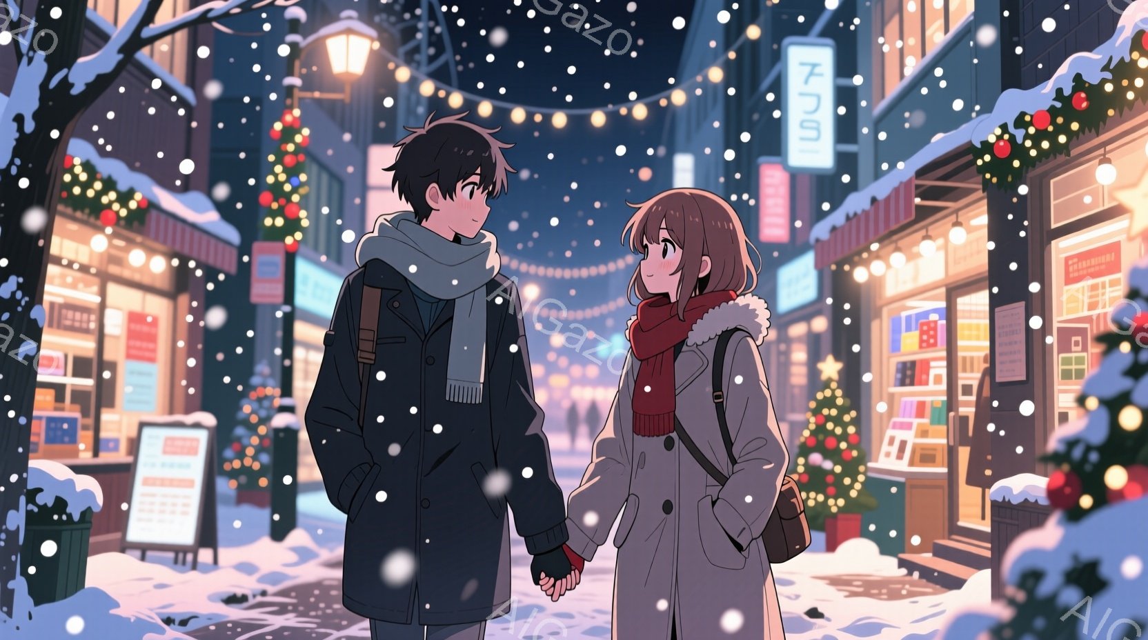雪が降り積もる街並みを、若い男女が手をつないで歩いている。男性は黒いコートとマフラーで暖かく、女性は赤いコートにリュックサックを背負い、同じくマフラーを巻いている。背景にはクリスマスイルミネーションが - AI生成フリー素材