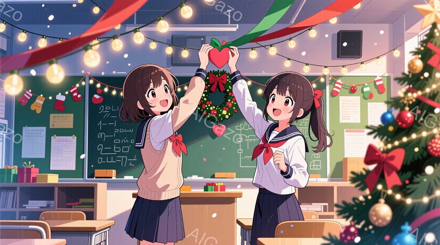 教室には、制服を着た二人の女子高生が、クリスマスデコレーションを飾っています。彼女たちは赤いリボンと茶色の髪で、笑顔で大きなクリスマスオーナメントを掲げています。背景には、クリスマスツリー、プレゼント、そして教室全体が暖かく、お祝いの雰囲気に包まれています。