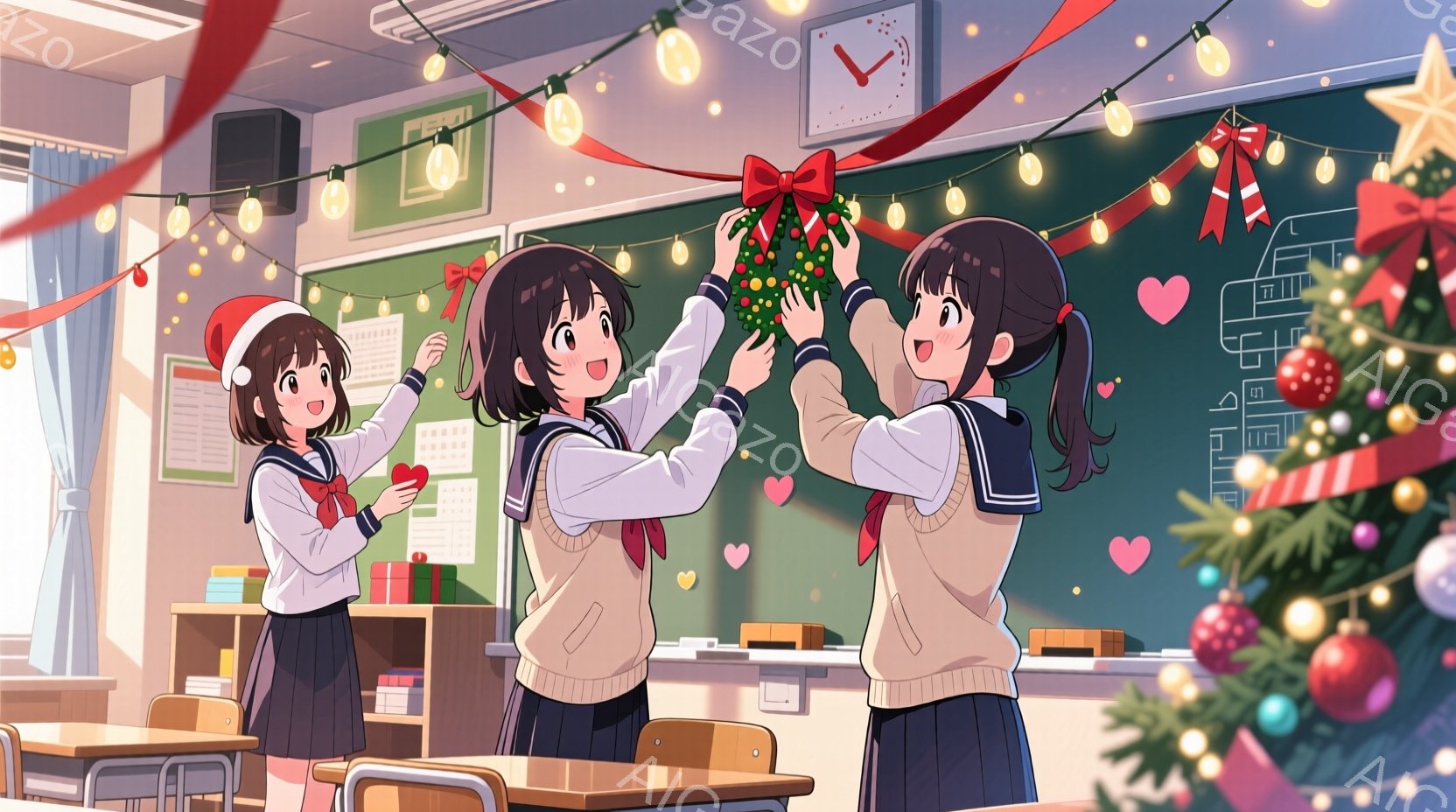 教室で制服を着た女子高生たちがクリスマス飾り付けをしている様子が描かれています。彼女たちはセーラー服を着ており、髪をポニーテールにしています。顔には笑顔が見られ、楽しそうな雰囲気が伝わってきます。背景にはクリスマスツリーや電飾、カレンダーなどが飾られており、教室全体が華やかなクリスマスムードに包まれています。