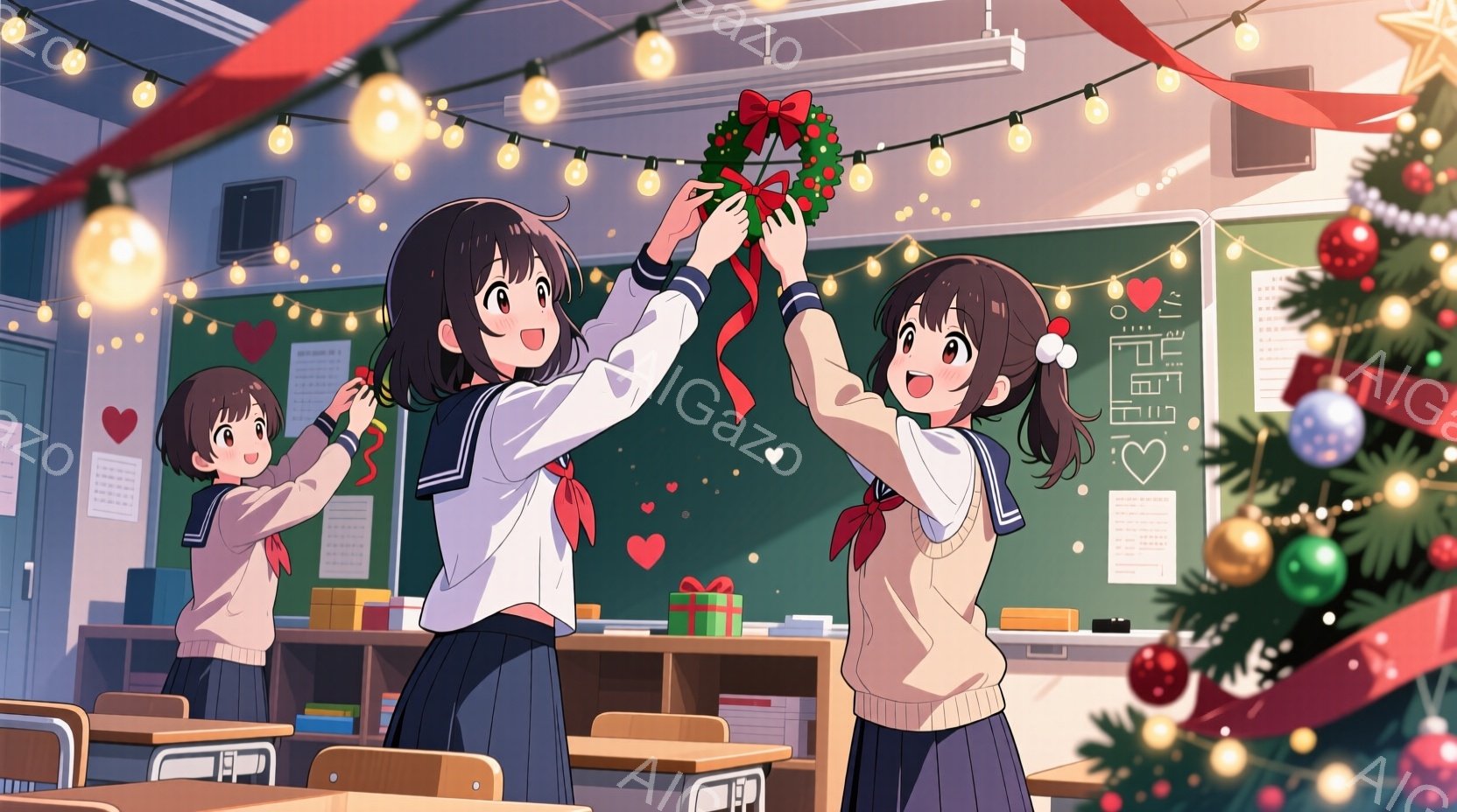 制服を着た３人の女子学生が教室でクリスマスの飾り付けをしている様子が描かれています。彼女たちはそれぞれ茶色の髪をポニーテールにし、笑顔でクリスマスリースやオーナメントを教室の天井や壁に飾り付けています。背景にはクリスマスツリーやプレゼントの箱が置かれ、教室全体が温かく、お祝いムードに包まれています。