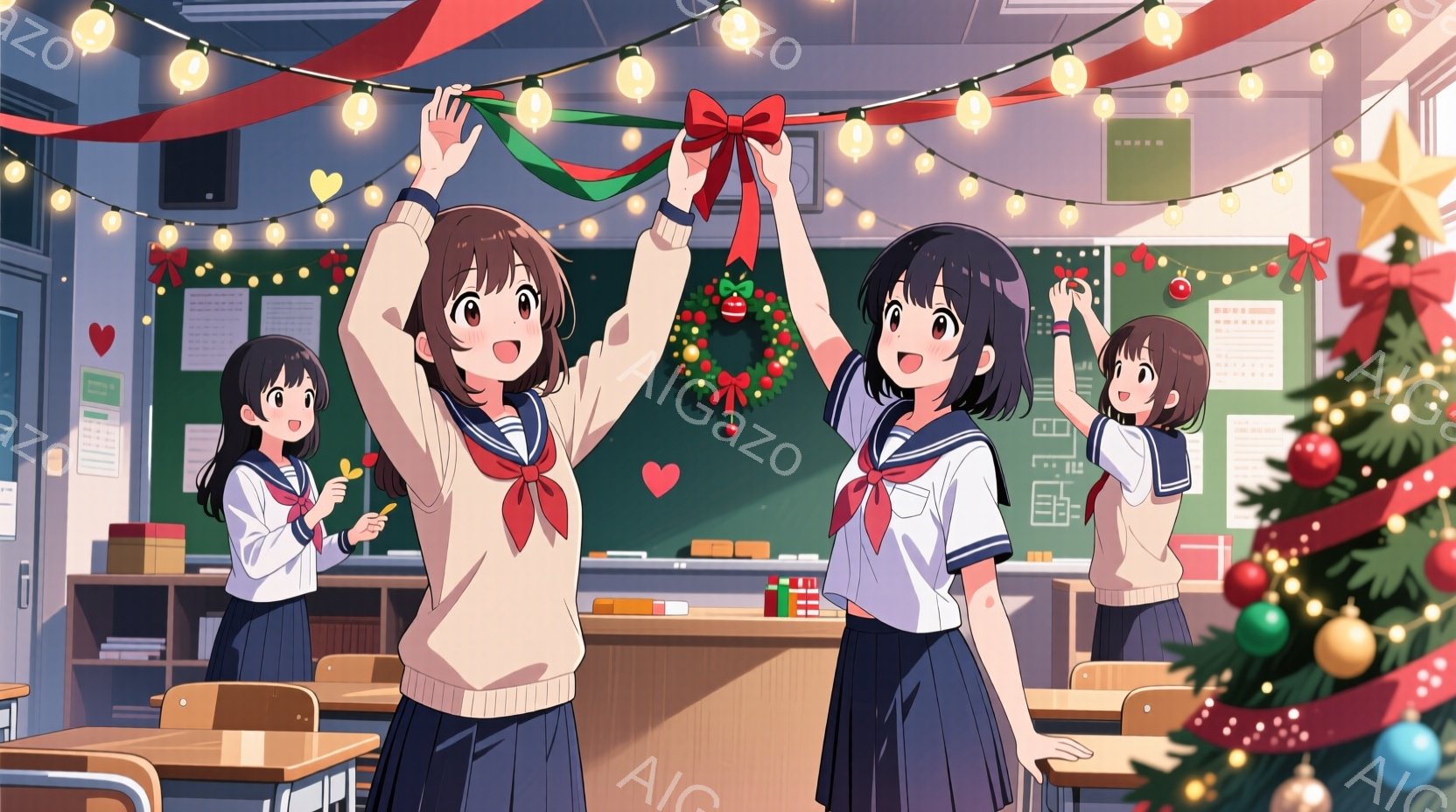 教室でクリスマス飾り付けをしている女子高生たちが描かれています。制服姿で、赤いリボンと白いセーターが特徴的で、笑顔でクリスマスの飾りを掲げたり、配置したりしています。背景にはクリスマスツリーや電飾があり、暖かく、お祝いムードに満ちた雰囲気です。