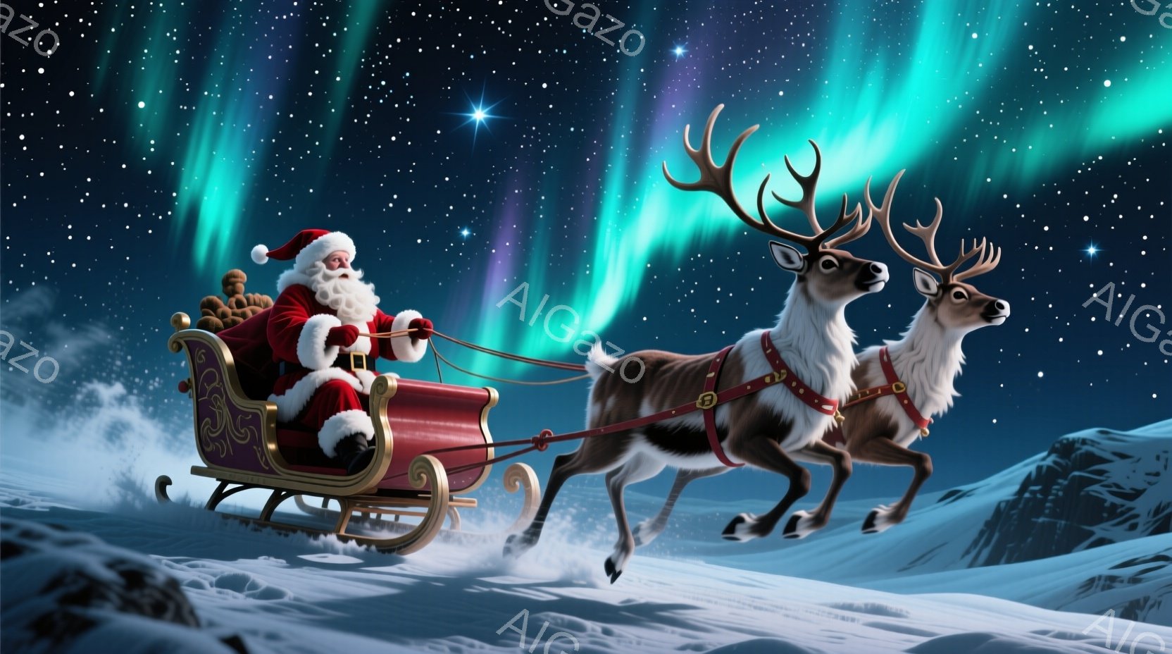 サンタクロースが赤い衣装と白い髭をたくわえ、そりに乗って夜空を駆け抜けている。そりは雪の上を勢いよく進み、先頭には2頭のトナカイが誇らしげに走り、緑色のオーロラが夜空を彩っている。雪山と暗い夜空のコントラストが、幻想的で暖かいクリスマスの雰囲気を醸し出している。