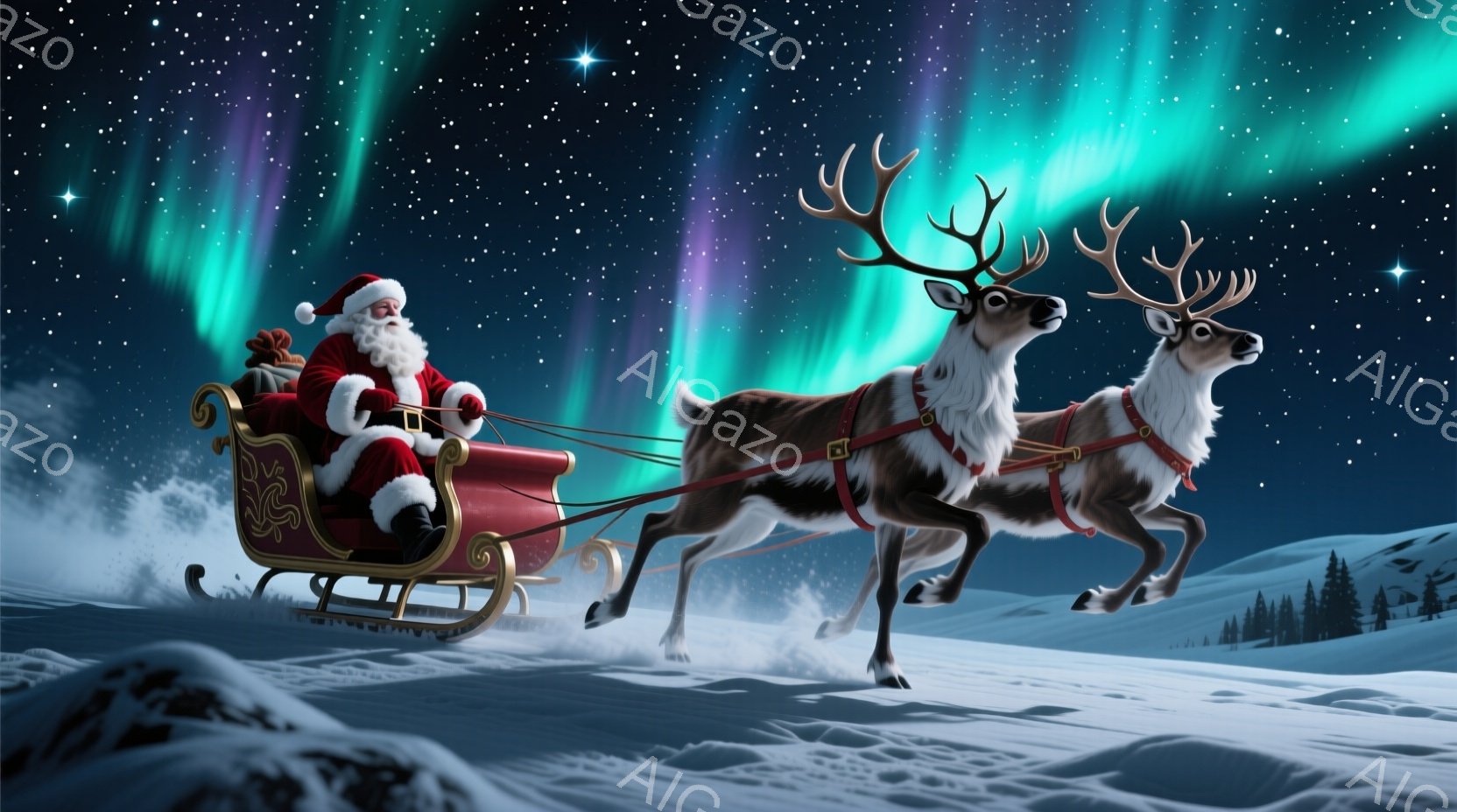 サンタクロースがソリに乗って、雪原を疾走している姿が描かれています。赤い衣装に白い髭を蓄えたサンタは、楽しげな表情で手綱を握り、2頭のトナカイがソリを引いています。背景にはオーロラが輝き、雪に覆われた山々と暗い夜空が広がり、幻想的で暖かいクリスマスの雰囲気が漂っています。