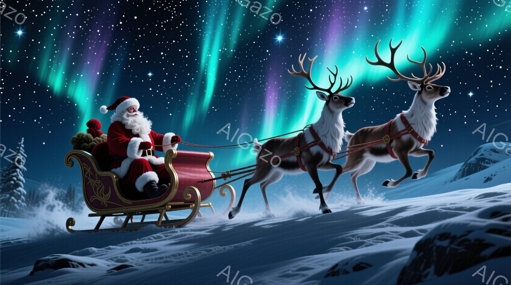 サンタクロースは赤い衣装に身を包み、毛皮の縁取りが施されたフード付き帽子をかぶっています。彼はそりに座り、楽しそうな表情で前を見つめており、そりは雪の上を高速で進んでいます。背景にはオーロラが輝き、雪に覆われた森と山々が広がっており、幻想的で喜びにあふれたクリスマスの雰囲気を醸し出しています。