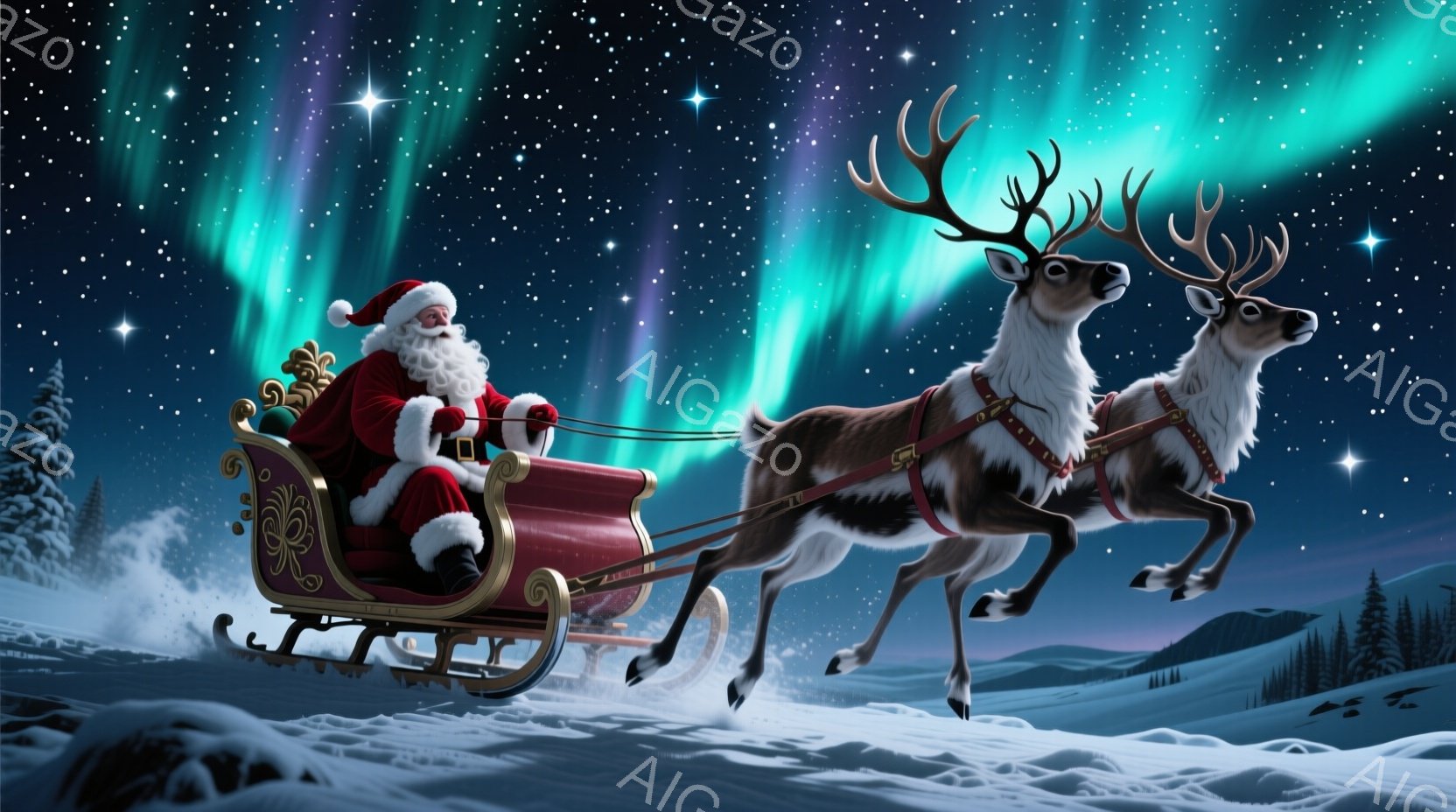 サンタクロースは赤い衣装を着て、白いひげを蓄え、そりに乗って空を飛んでいます。そりは金色の装飾が施されており、2頭のトナカイがそりを引き、雪景色を背景にオーロラが輝いています。全体的に、冬の夜の魔法のような、お祝いの雰囲気を感じさせます。