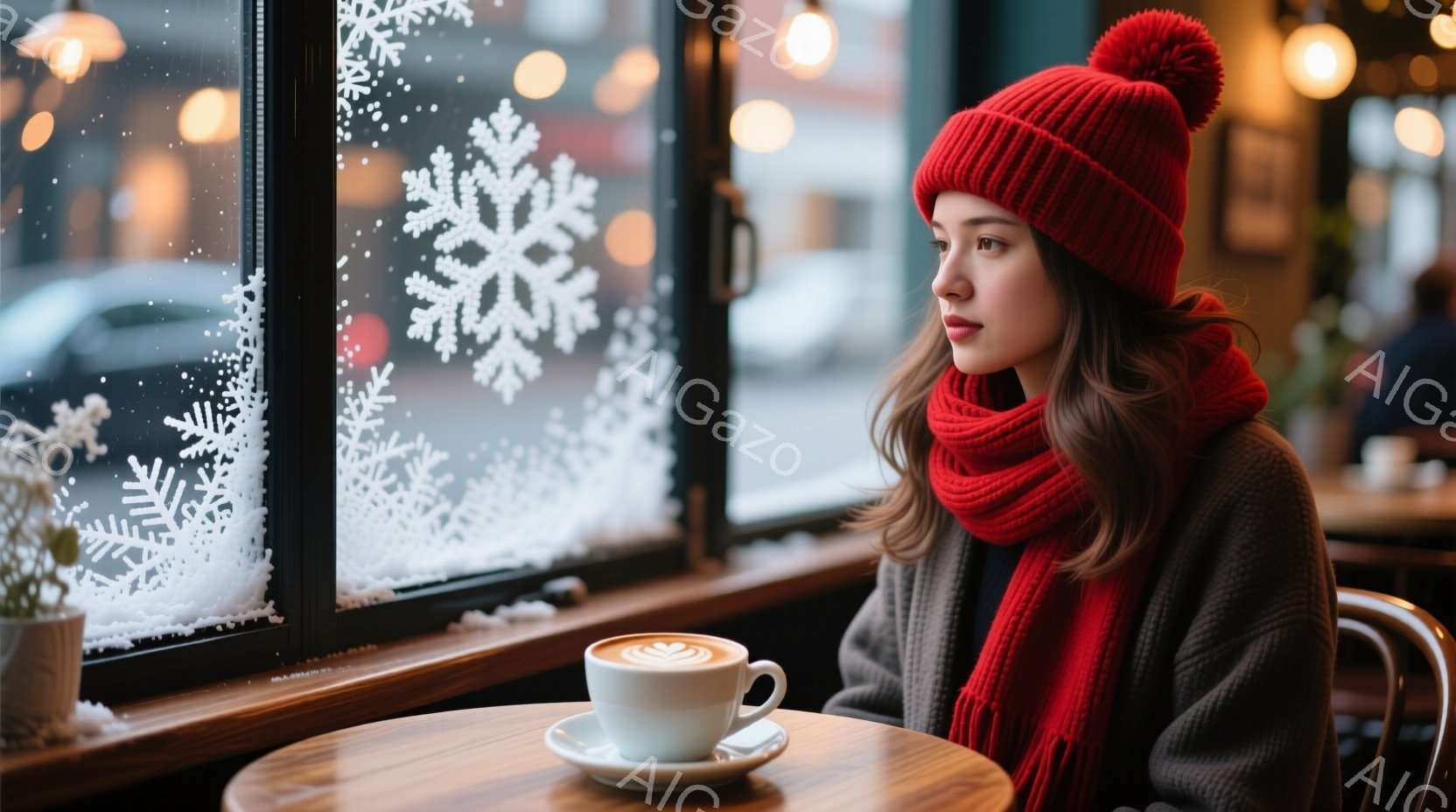 赤いニット帽とマフラーを身につけた女性が、窓辺の席でコーヒーを眺めている。彼女はグレーのセーターを着ており、少し物憂げな表情で外を見つめている。背景には雪の結晶の装飾が施された窓と、ぼんやりと見える街 - AI生成フリー素材