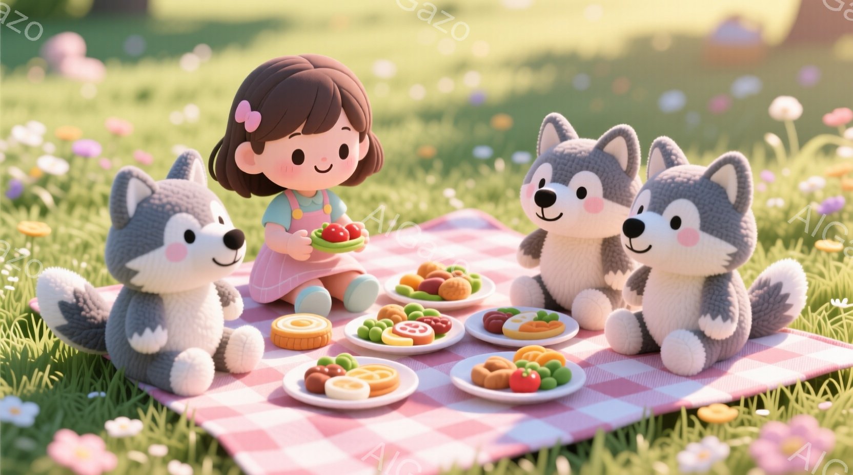 茶色い髪を短く切った少女が、ピンク色のチェック柄の敷物の上に座り、お皿に乗った赤い果物を手に持っています。彼女の左右には、ふわふわの灰色の狼のぬいぐるみが座っており、楽しそうに彼女を見つめています。背景には緑の草地と小さな花が広がり、暖かく穏やかなピクニックの雰囲気を醸し出しています。
