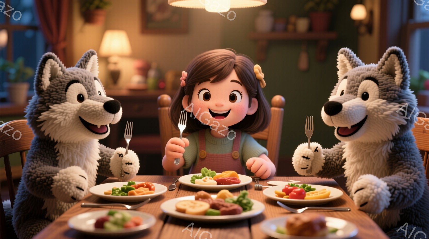 茶色の髪を結んだ女の子が、灰色の狼二匹に挟まれて食卓を囲んでいます。彼女は緑色のオーバーオールを着ており、笑顔でフォークを使って食事を楽しんでいるようです。背景には暖色の照明と植物が見え、家庭的で温かい雰囲気が漂っています。