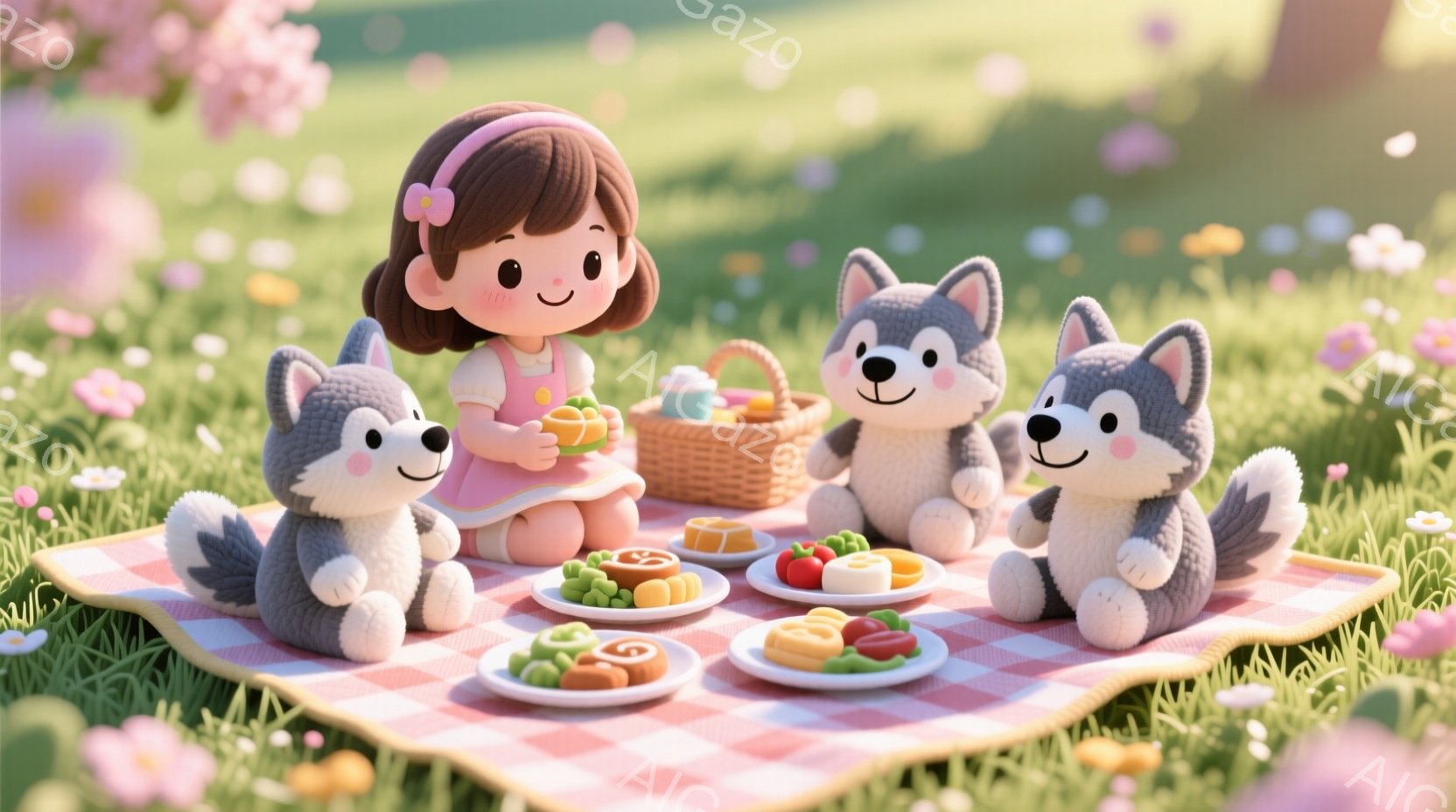明るい緑の草原に、ピンク色のチェック柄のピクニックシートが敷かれ、茶色の髪を短くお団子にした少女が座っています。彼女はピンク色のワンピースを着ており、笑顔で何かを運んでいるようです。周りには灰色のふわふわした狼のぬいぐるみたちがいて、様々な料理が並んだお皿が置かれています。