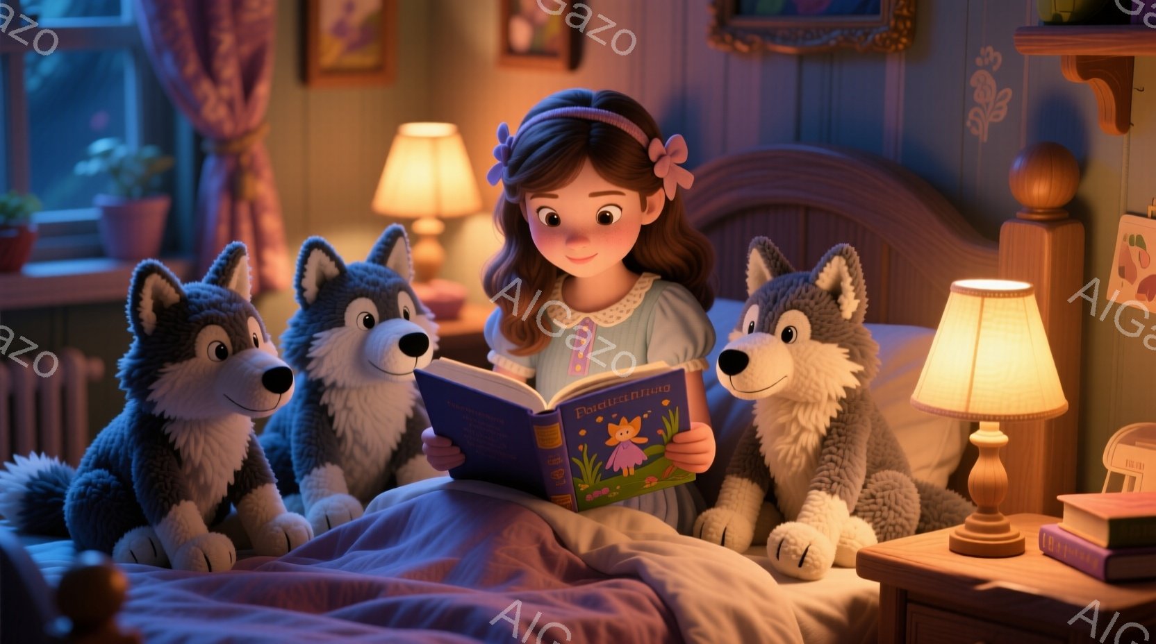 女の子がベッドに座って本を読んでいます。彼女は薄いピンクのドレスを着ており、髪は茶色で髪飾りをつけています。背景にはナイトスタンド、ランプ、絵画があり、暖かく、落ち着いた雰囲気です。