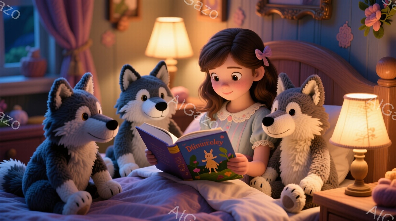 少女はベッドに座り、毛皮のような2匹のオオカミの人形に囲まれ、絵本「Dimurley」を読んでいます。彼女はピンク色のパフスリーブのドレスを着ており、茶色の髪は後ろで三つ編みにされています。 暖色のラ - AI生成フリー素材