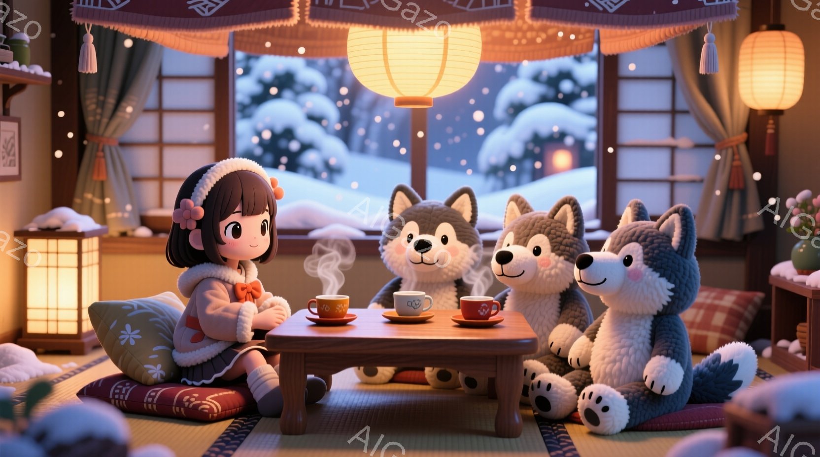 茶色の髪を二つ結びにした少女が、赤いセーターと模様のあるズボンを着用し、畳の上に座って温かい飲み物を楽しんでいます。彼女の隣には、2匹のふわふわしたシベリアンハスキーが座り、それぞれ小さなカップから湯気を上げる飲み物を前にしています。背景には雪景色が広がり、障子窓から差し込む暖かい光と部屋に飾られた提灯が、心地よく穏やかな冬の雰囲気を醸し出しています。