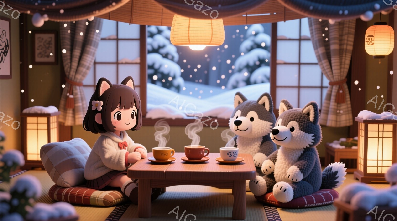 少女は座布団の上に座り、湯呑みに入った温かい飲み物を楽しんでいます。彼女は茶色い髪をサイドに分けており、赤いセーターと白いズボンを着用しています。背景には雪景色が見え、暖炉の光と温かい飲み物によって、居心地の良い冬の雰囲気が表現されています。