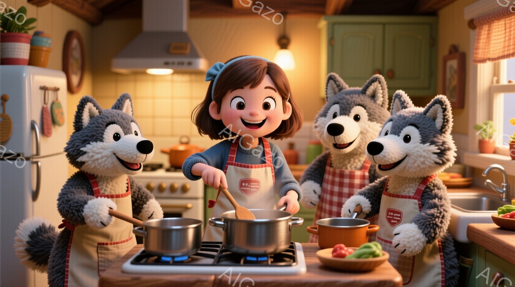 茶髪の少女がエプロンをつけてキッチンで料理をしている様子が描かれています。彼女は鍋をかき混ぜ、横には可愛らしいオオカミのキャラクターが二人、同じエプロンをつけて立っています。キッチンは暖色系の色調で、窓からは自然光が差し込み、明るく家庭的な雰囲気が漂っています。