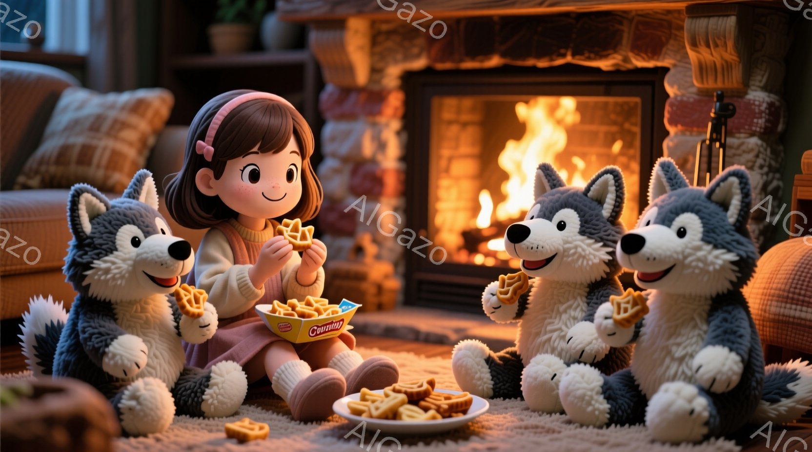 温かい光に包まれたリビングで、幼い女の子が三匹のぬいぐるみシベリアンハスキーと膝を抱えて座っている。女の子は明るい茶色の髪をサイドに分けており、優しい笑顔を浮かべながら、お菓子をぬいぐるみたちと分け合 - AI生成フリー素材