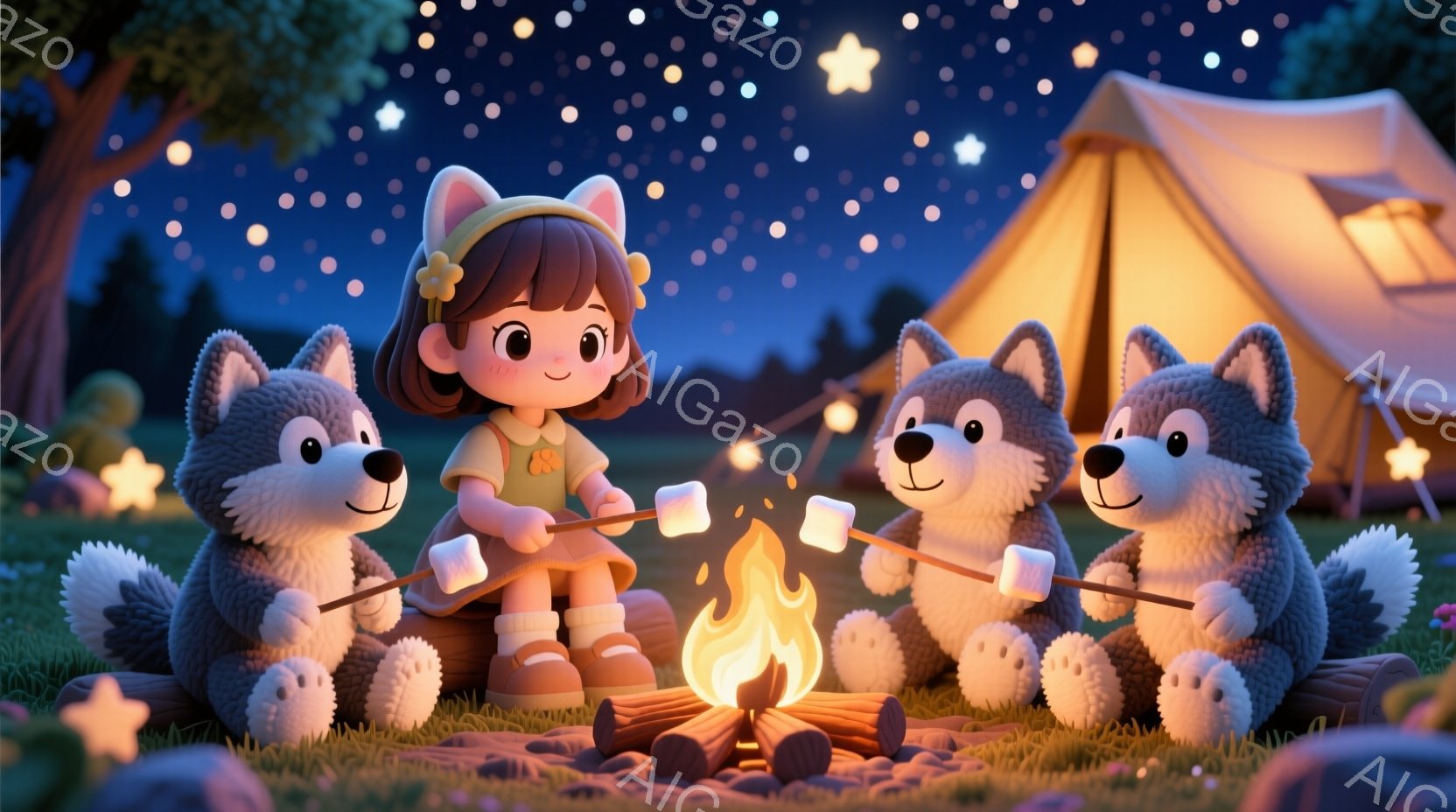 茶髪の短い髪を結んだ少女が、2匹のふわふわした犬たちとキャンプファイヤーを囲んでいます。彼女は赤い服を着ていて、犬たちはマシュマロを串に刺して楽しんでいます。背景にはテントや星空が広がり、温かく幻想的な雰囲気が漂っています。