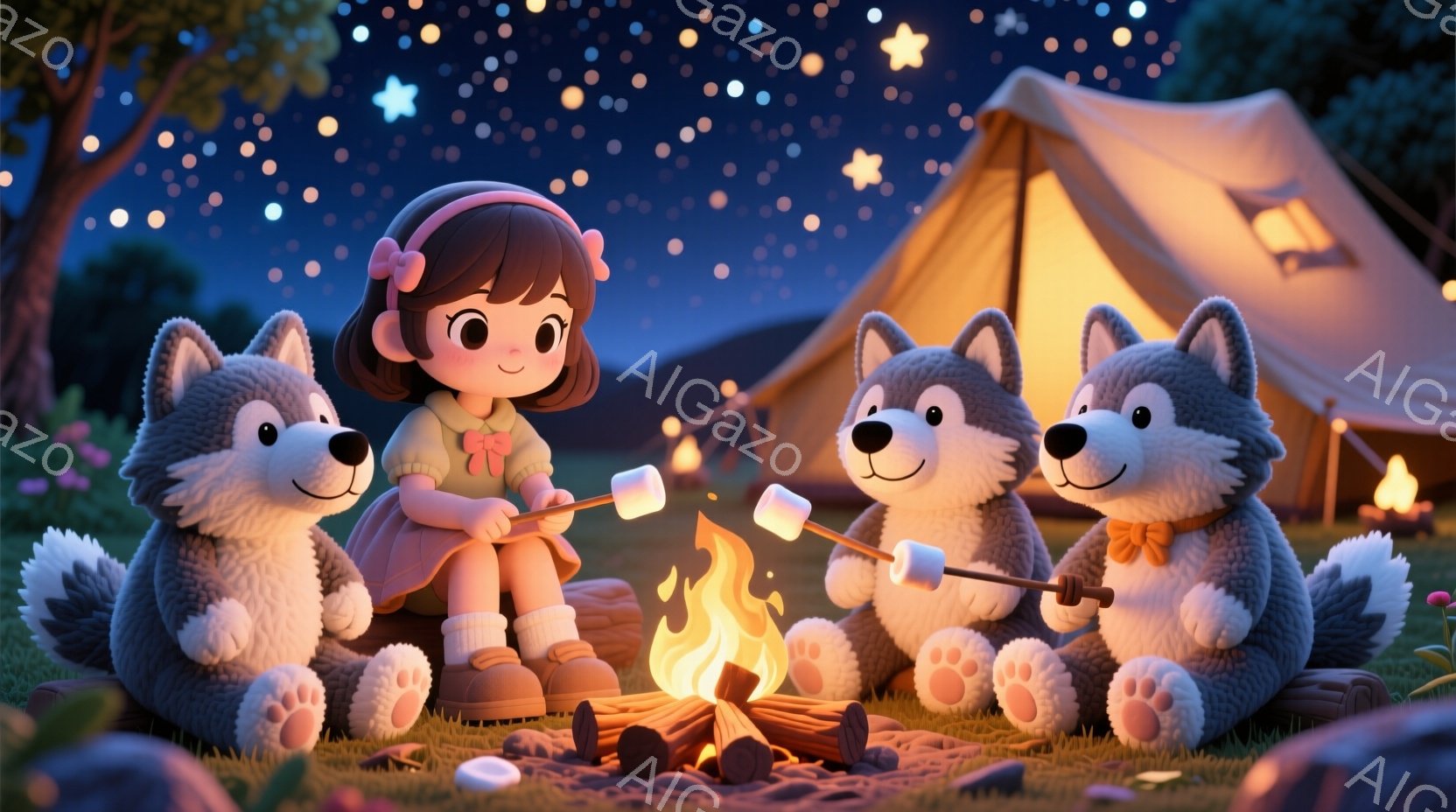 可愛らしい少女が、3匹のシベリアンハスキーと一緒にキャンプファイヤーを楽しんでいる様子が描かれています。少女は茶色のリボンで結んだ髪、黄色いセーター、茶色のズボン、ブーツを履いており、笑顔でマシュマロを焼いています。背景にはテントが設置され、星空が広がり、温かく穏やかな雰囲気が漂っています。