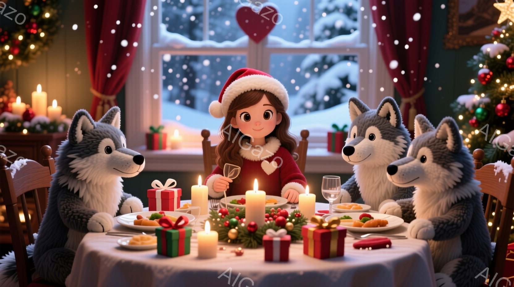 クリスマスを祝う少女と2匹の狼が、暖炉のそばの食卓を囲んでいる。少女は赤いサンタの帽子をかぶり、笑顔で何かを手に取ろうとしている。背景には雪景色が見え、テーブルの上にはプレゼントやキャンドルが置かれ、温かく穏やかなクリスマスの雰囲気が漂っている。