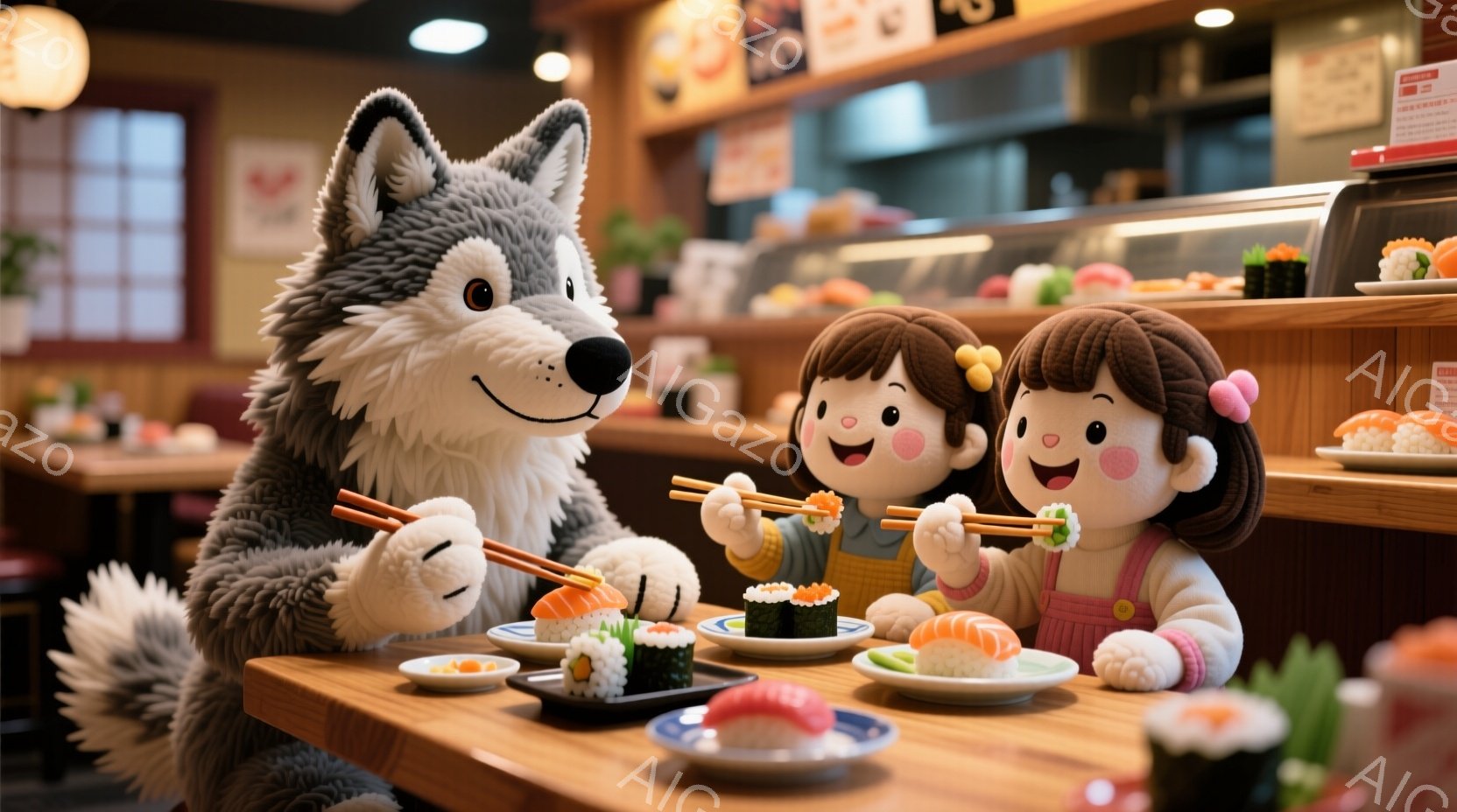 寿司カウンターに座った狼の着ぐるみの人物と、2人の小さな女の子の人形が写っています。女の子たちはピンクのリボンで髪を結い、オーバーオールを着ており、それぞれ箸を使って寿司をつまんでいます。背景には、寿司レストランのカウンターと、様々な寿司が並んだショーケースが見え、明るく賑やかな雰囲気が漂っています。