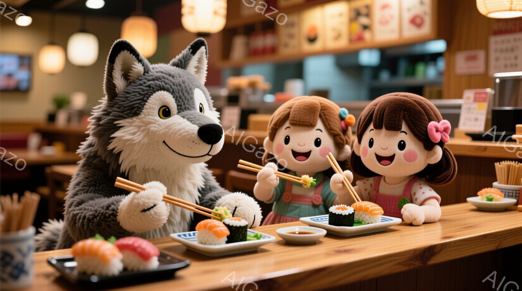 テーブルを挟んで、毛むくじゃらの狼の着ぐるみのキャラクターと、可愛らしい人形の女の子たちが座っており、それぞれ箸を使って寿司を食べている。背景には、木製のカウンターと暖色の照明、そしてぼやけたレストランの様子が見え、温かく賑やかな雰囲気が漂っている。女の子たちは笑顔で、狼のキャラクターも楽しそうに食事をしている様子が伺える。