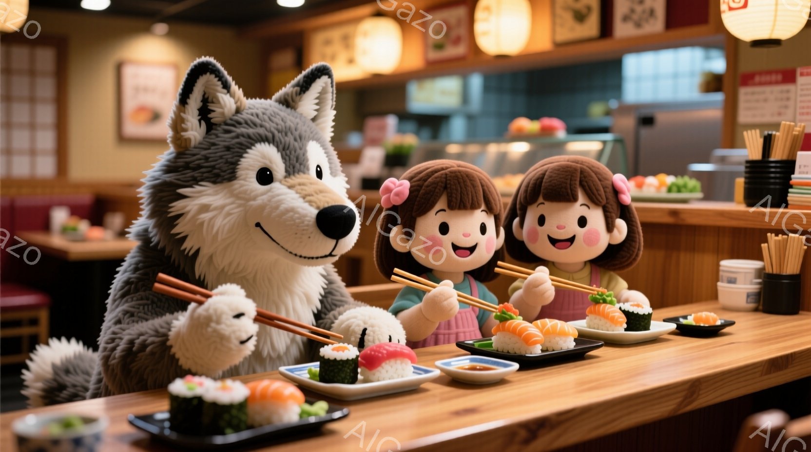 毛むくじゃらの狼のキャラクターと、可愛らしい女の子の人形がカウンター席で寿司を楽しんでいます。女の子たちはエプロンをつけ、ピンクのリボンで髪を結び、笑顔で寿司を箸でつまんでいます。背景には、寿司カウンターと赤色の椅子が見え、店内の照明は暖かく、活気のある寿司店の雰囲気が漂っています。