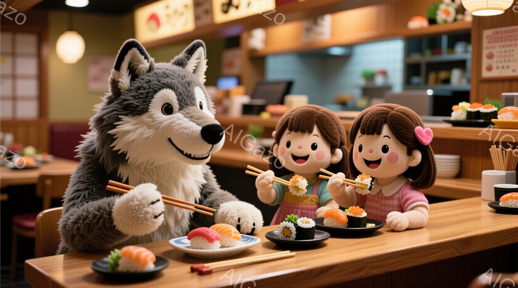 テーブルには、寿司が並べられたお皿がいくつか置かれ、狼の着ぐるみを着た人物と、可愛らしい髪型をした二人の女の子が箸で寿司をつまもうとしています。女の子たちはピンクと緑の服を着ており、笑顔で楽しそうにしています。背景は寿司レストランのカウンターで、明るい照明と木製のインテリアが温かい雰囲気を醸し出しています。