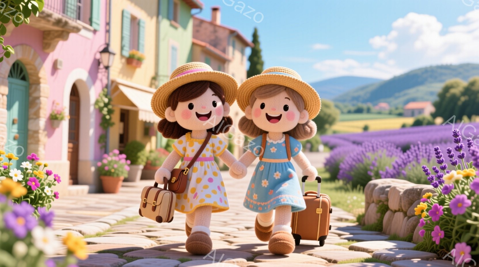 二人の少女が、手をつないで石畳の道を歩いている。麦わら帽子をかぶり、それぞれ黄色の花柄のワンピースを着て、小さなトランクを引いている。背景にはカラフルな建物とラベンダー畑が広がり、晴れた空の下、明るく暖かい雰囲気が漂っている。