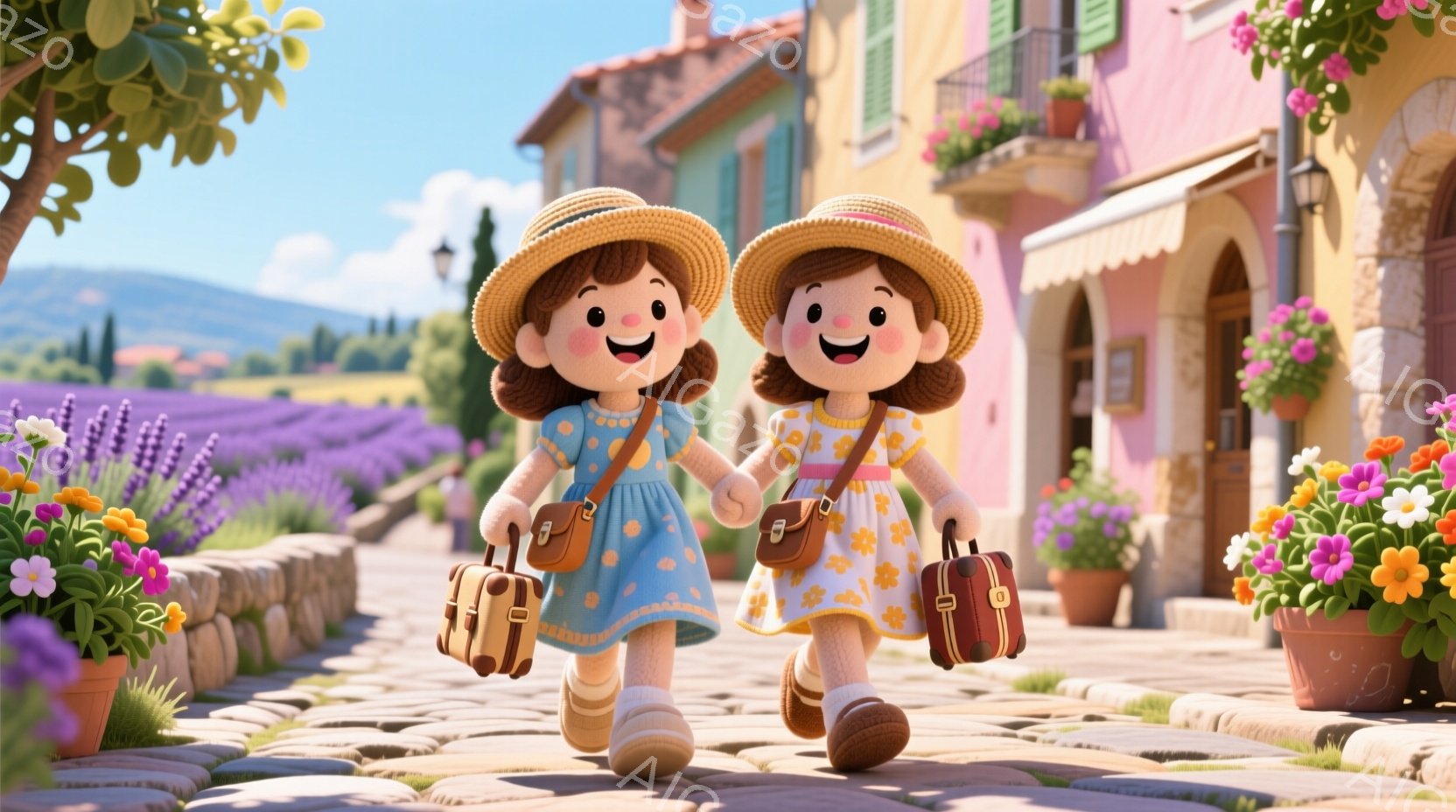 同じような服装をした、同じような外見の2人の若い女性が描かれています。彼女たちは麦わら帽子をかぶり、水色のドレスと黄色のドレスをそれぞれ着ており、肩に小さなレトロなスーツケースを提げて、石畳の道を歩い - AI生成フリー素材