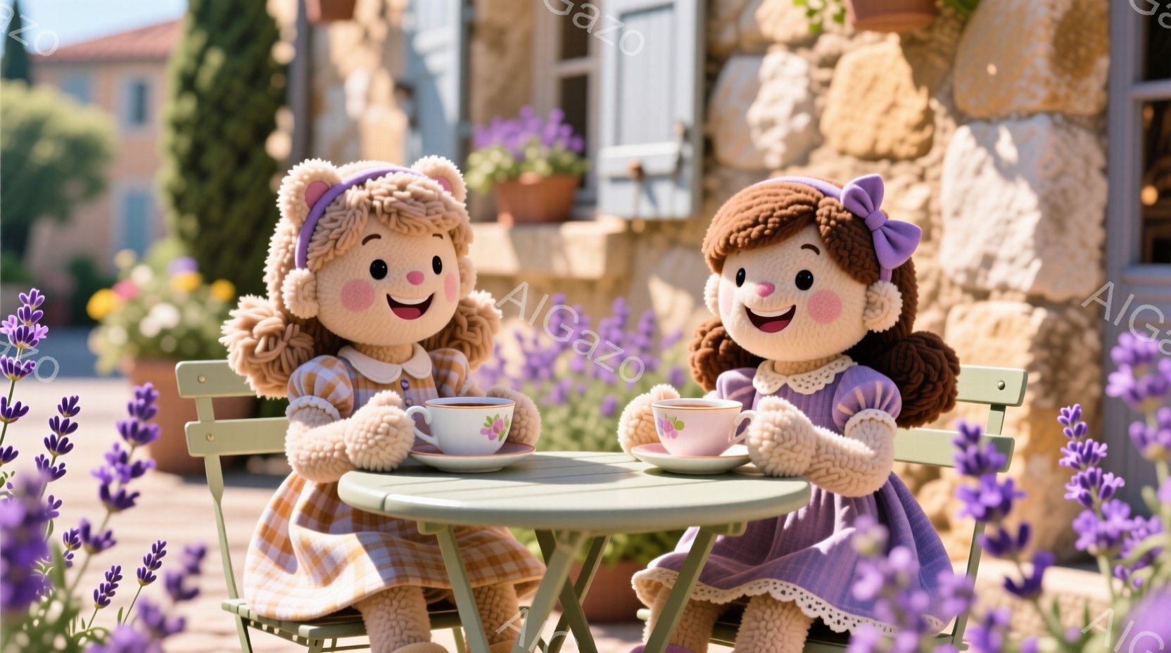 ふわふわした毛糸で作られたような二人の女の子が、緑色の小さなテーブルを挟んで向かい合って座っています。それぞれピンクと紫のワンピースを着ており、髪にはリボンをつけています。背景には石造りの建物とラベン - AI生成フリー素材