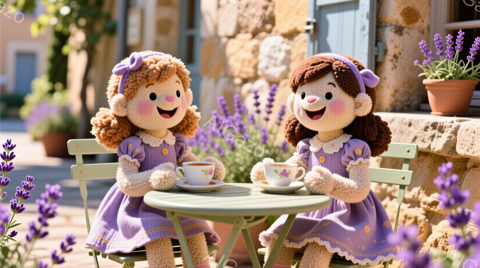 ふわふわの髪と優しい笑顔を持つ、紫色のワンピースを着た二人の女の子が、小さな緑色のテーブルを挟んで向かい合って座っています。彼女たちはそれぞれティーカップとソーサーを持っており、穏やかな午後のティータイムを楽しんでいるようです。背景には石造りの建物とラベンダーの花が咲き乱れ、静かで牧歌的な雰囲気を醸し出しています。