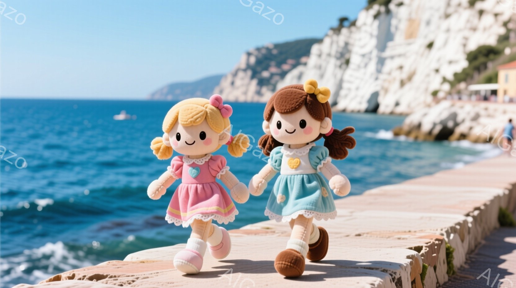 2人の人形が、青い海と白い壁に囲まれた遊歩道で向かって歩いてくる様子が描かれています。ピンクのドレスを着た人形は金髪で、水色のドレスを着た人形は茶髪の三つ編みで、どちらも笑顔で可愛らしい表情をしています。背景には、断崖絶壁と白い建物が見え、晴れた空と穏やかな海が、明るく平和な雰囲気を醸し出しています。
