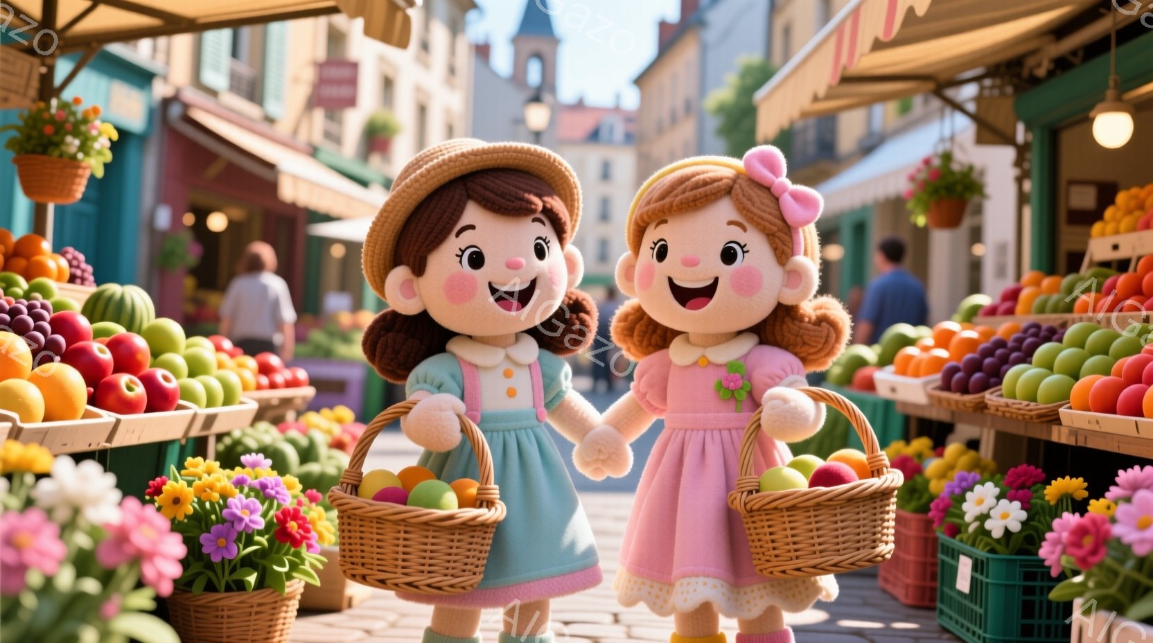 二人の少女が手をつないで立っており、それぞれバスケットを持っています。少女たちは明るい色のワンピースを着ており、一人は水色、もう一人はピンク色です。背景にはカラフルな果物の露店が並び、ヨーロッパの街並みが広がっており、晴れた日の賑やかな市場の雰囲気です。
