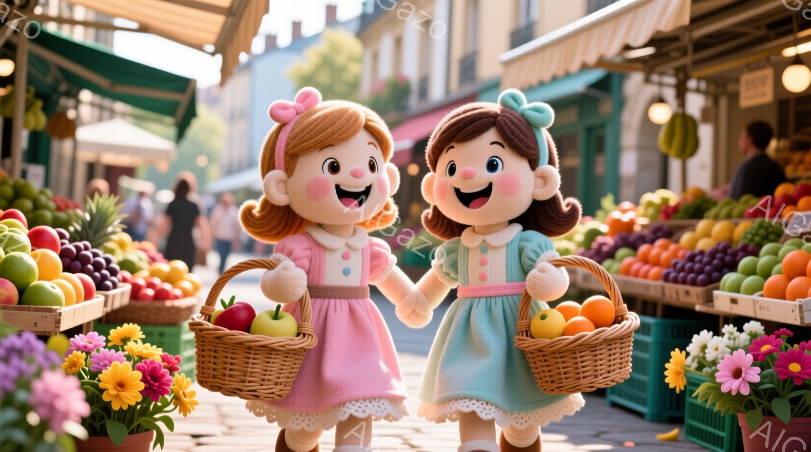 二人の少女が手をつないで、市場を歩いています。ピンクと水色のワンピースを着ており、同じような巻き毛の髪型をしています。背景には果物の山や花が並び、晴れた日の賑やかな市場の雰囲気が伝わってきます。