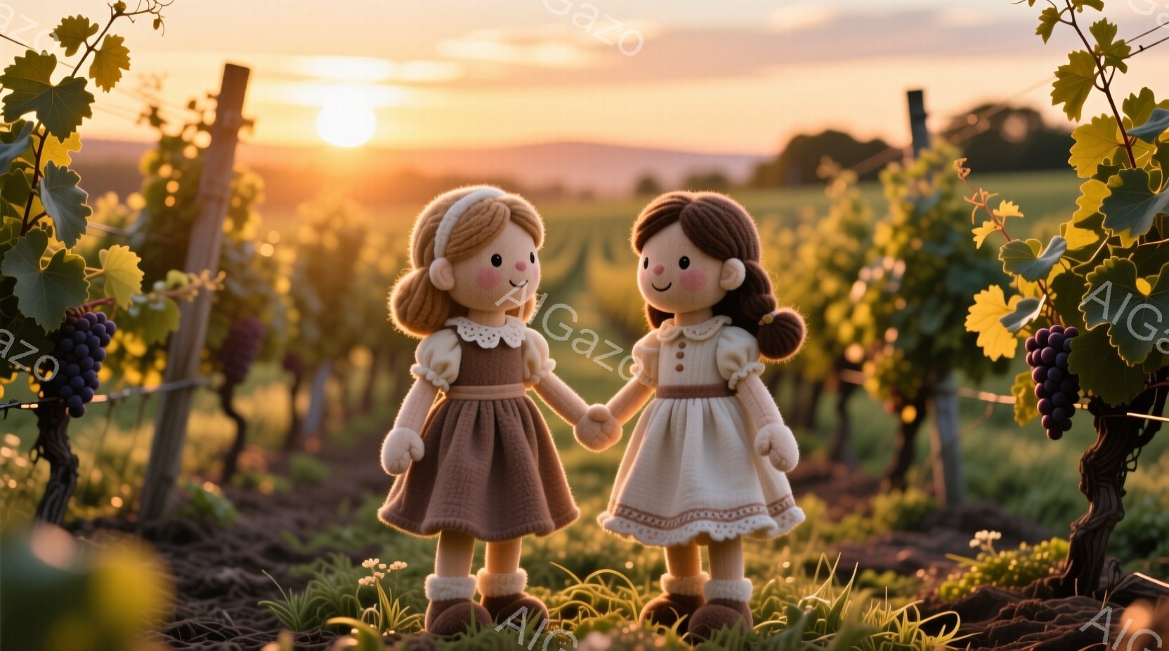 2人の女の子が手をつないで立っています。それぞれ、クリーム色の膝丈のワンピースに、茶色の靴下と靴を履いています。背景にはブドウ畑が広がり、夕焼け空が暖かく、牧歌的な雰囲気を醸し出しています。