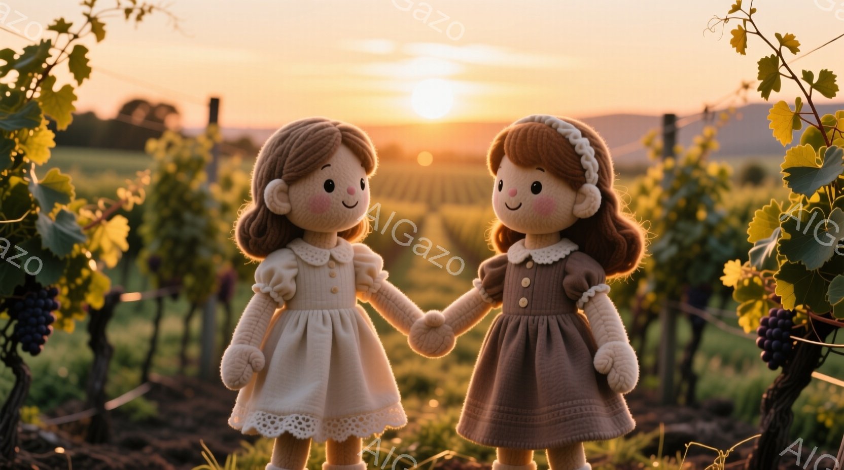 二人の少女が手をつないで立っており、それぞれクリーム色と茶色の可愛らしいワンピースを着ています。二人は同じように茶色の巻き毛の髪型で、穏やかな笑顔を見せています。背景には緑豊かなブドウ畑が広がり、夕焼 - AI生成フリー素材