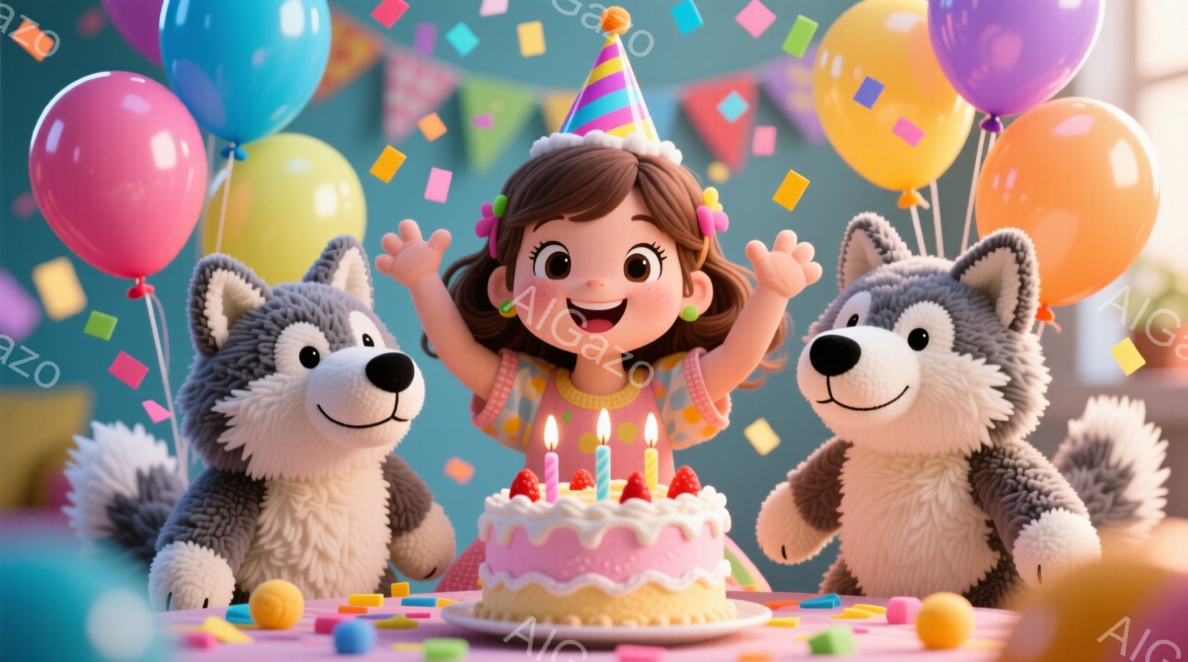 明るいピンク色のクリームとカラフルなロウソクで飾られたケーキを前に、幼い女の子が両手を上げて喜んでいます。彼女は茶色の巻き毛にパーティーハットを被り、輝く笑顔を見せています。背景にはカラフルな風船と紙吹雪が舞い、両脇には可愛らしいハスキー犬のぬいぐるみがあり、お祝いの雰囲気を盛り上げています。